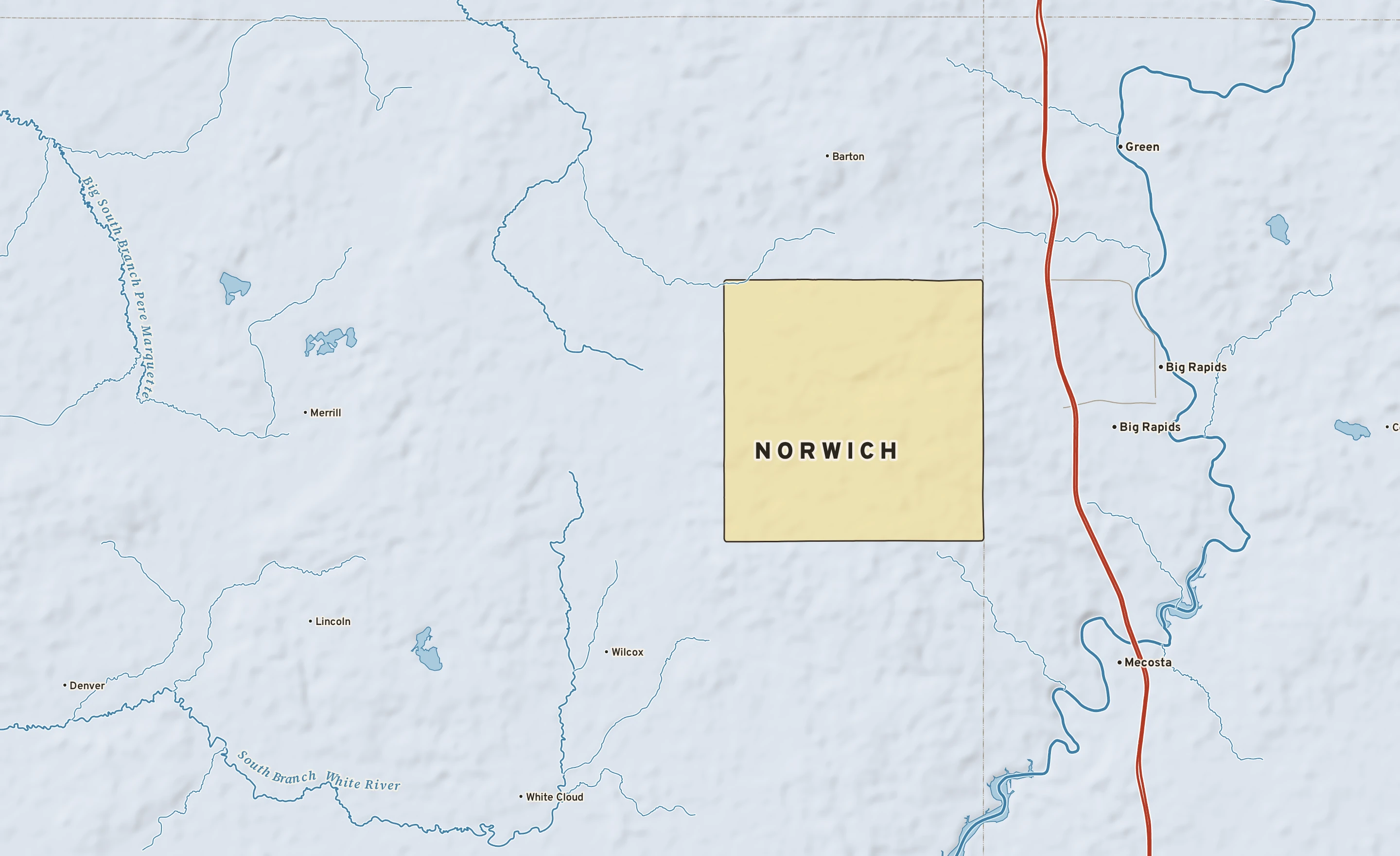 Shaded-relief atlas plate of Norwich, Michigan: rivers, roads, the city limits and where the water drains.