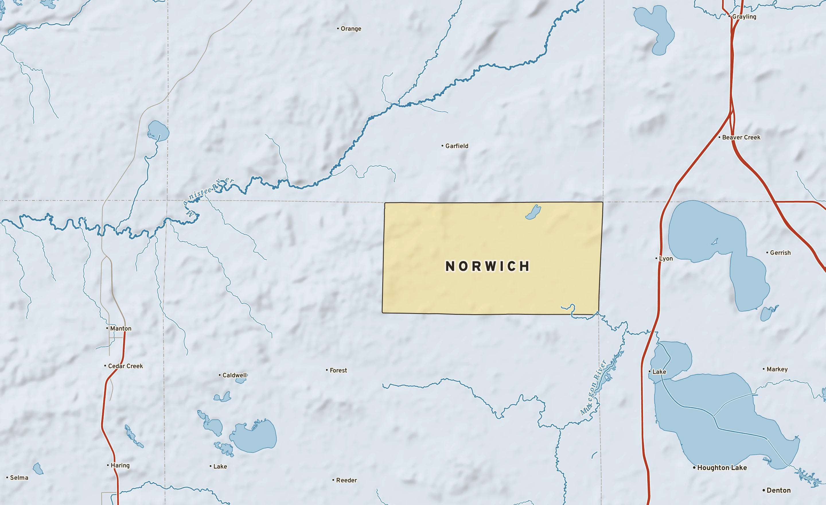 Shaded-relief atlas plate of Norwich, Michigan: rivers, roads, the city limits and where the water drains.