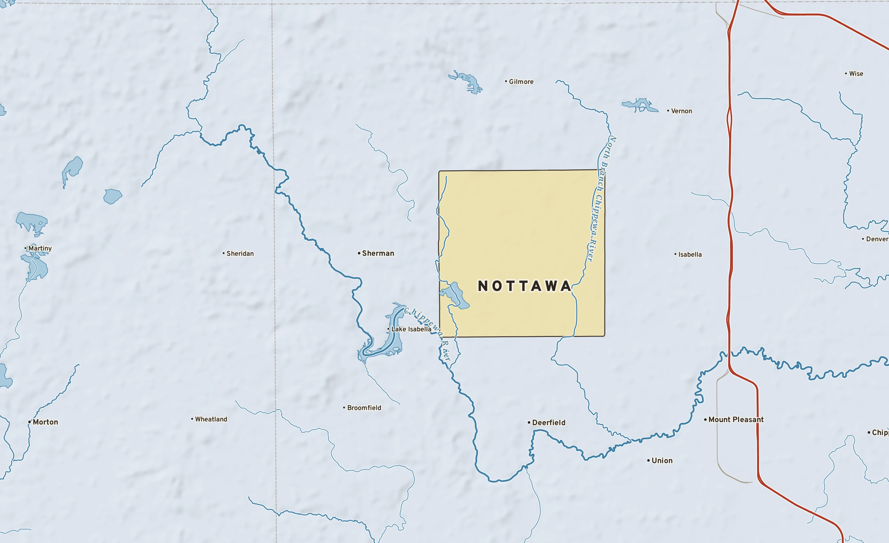 Shaded-relief atlas plate of Nottawa, Michigan: rivers, roads, the city limits and where the water drains.