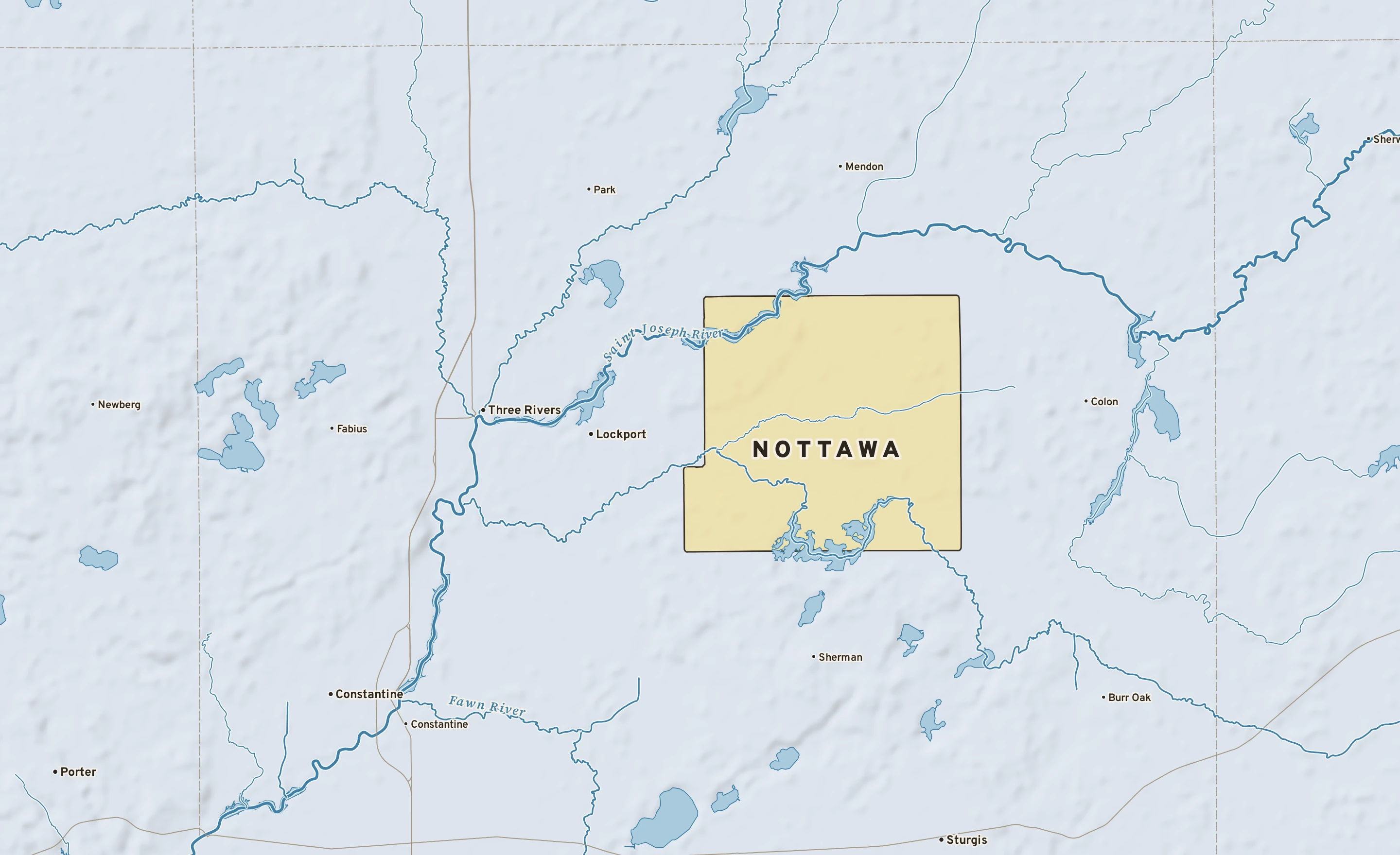 Shaded-relief atlas plate of Nottawa, Michigan: rivers, roads, the city limits and where the water drains.