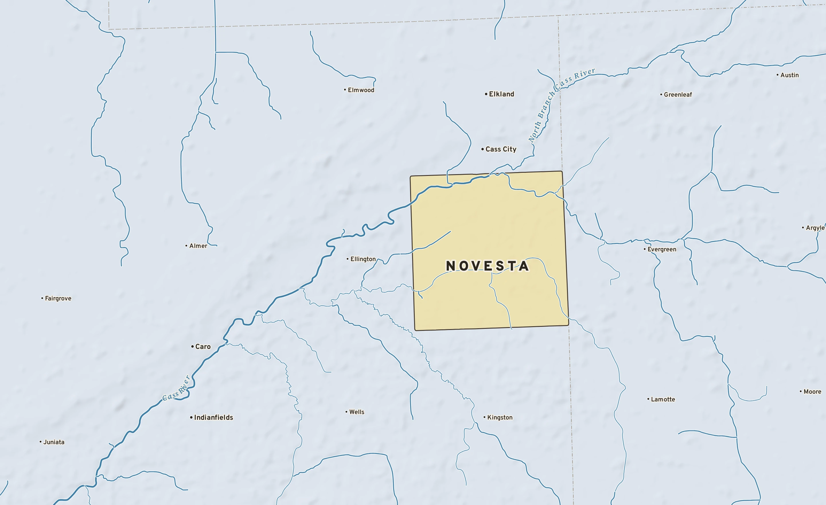 Shaded-relief atlas plate of Novesta, Michigan: rivers, roads, the city limits and where the water drains.