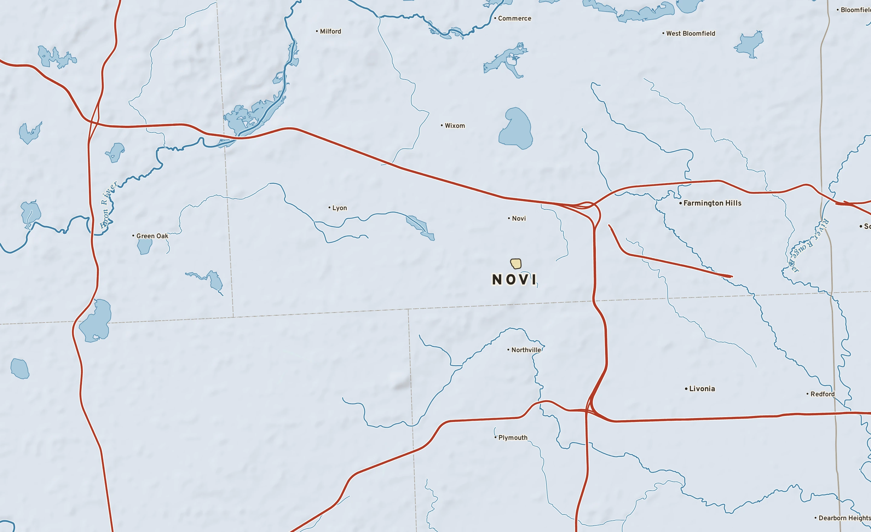 Shaded-relief atlas plate of Novi, Michigan: rivers, roads, the city limits and where the water drains.