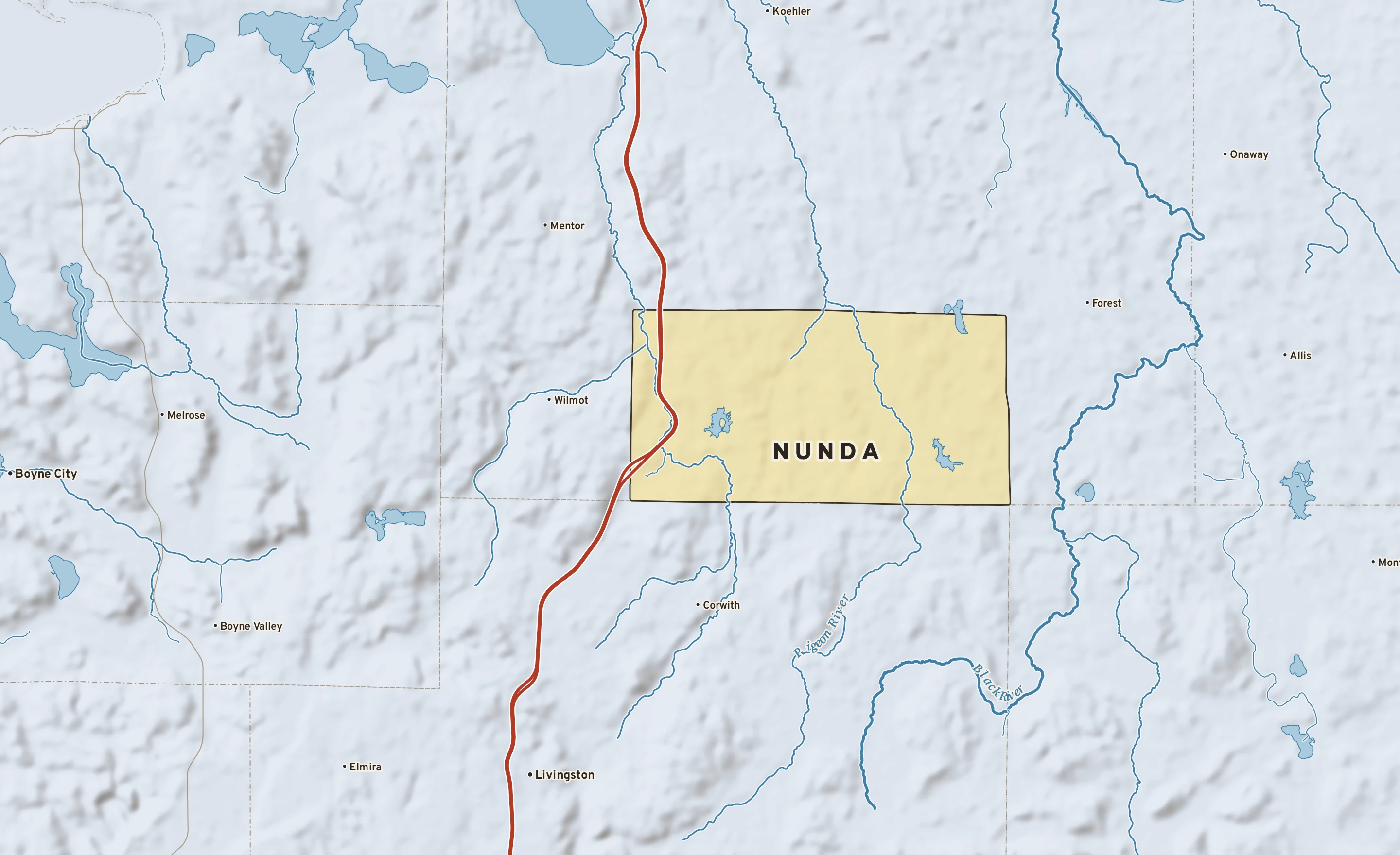 Shaded-relief atlas plate of Nunda, Michigan: rivers, roads, the city limits and where the water drains.