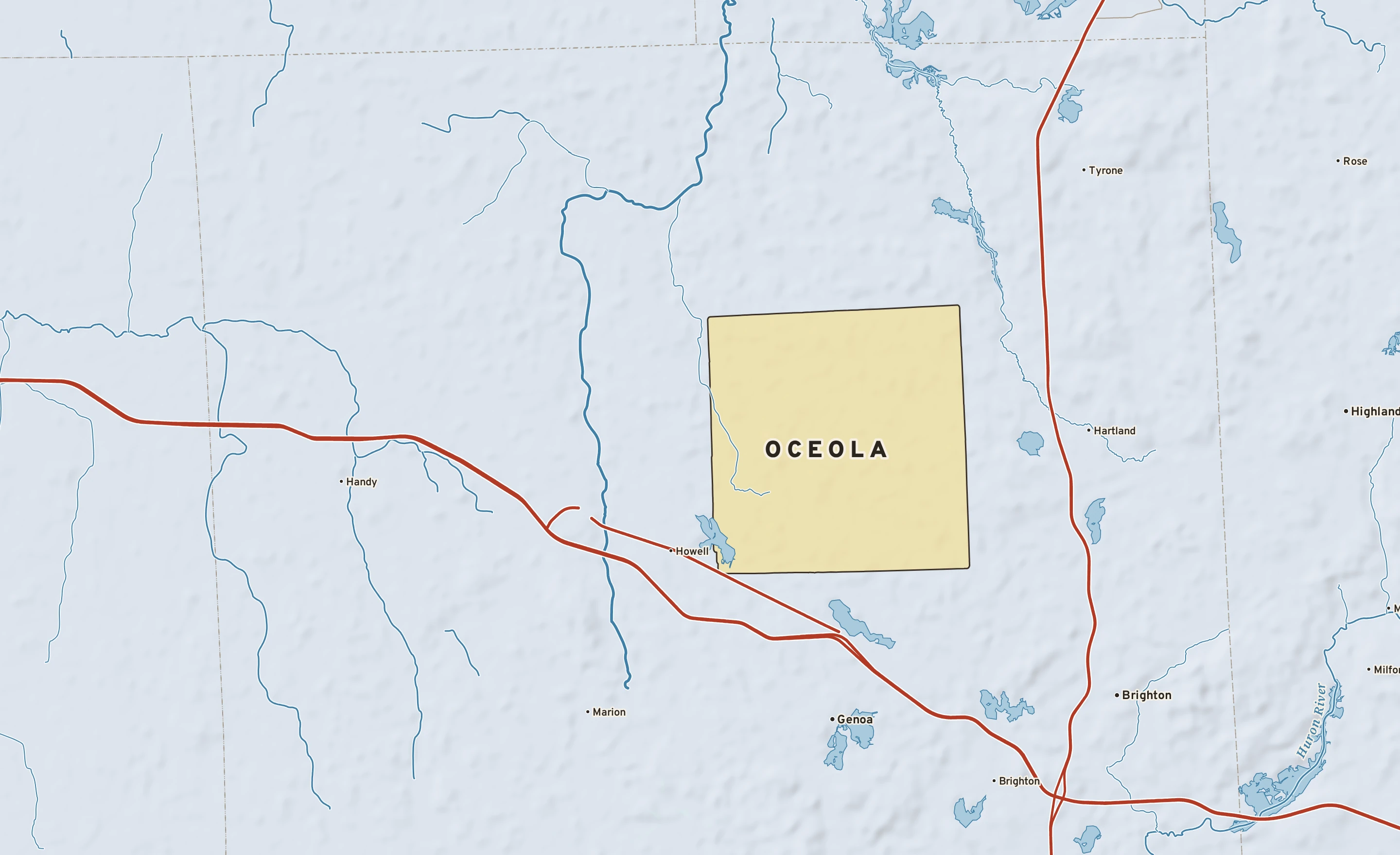 Shaded-relief atlas plate of Oceola, Michigan: rivers, roads, the city limits and where the water drains.