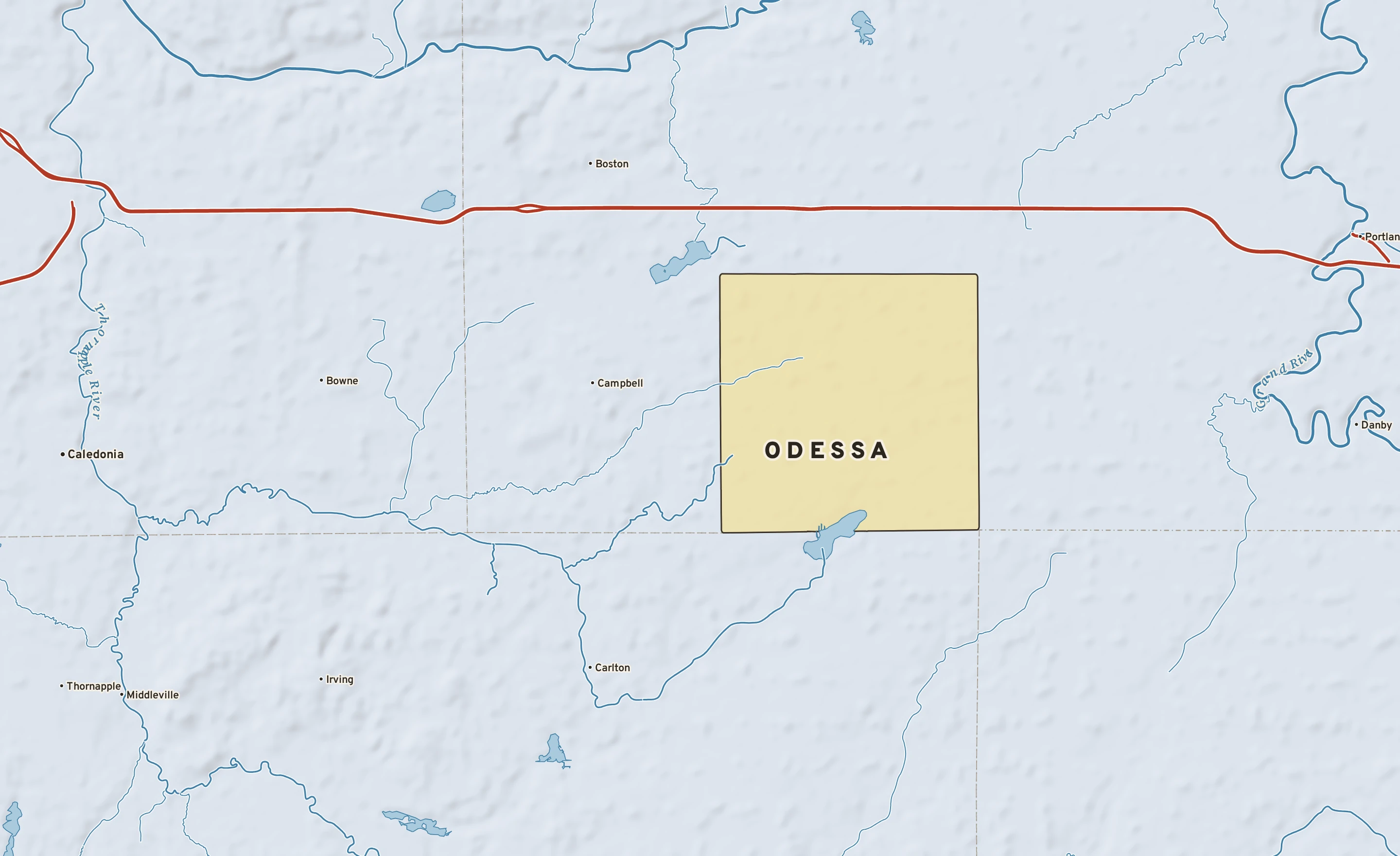 Shaded-relief atlas plate of Odessa, Michigan: rivers, roads, the city limits and where the water drains.