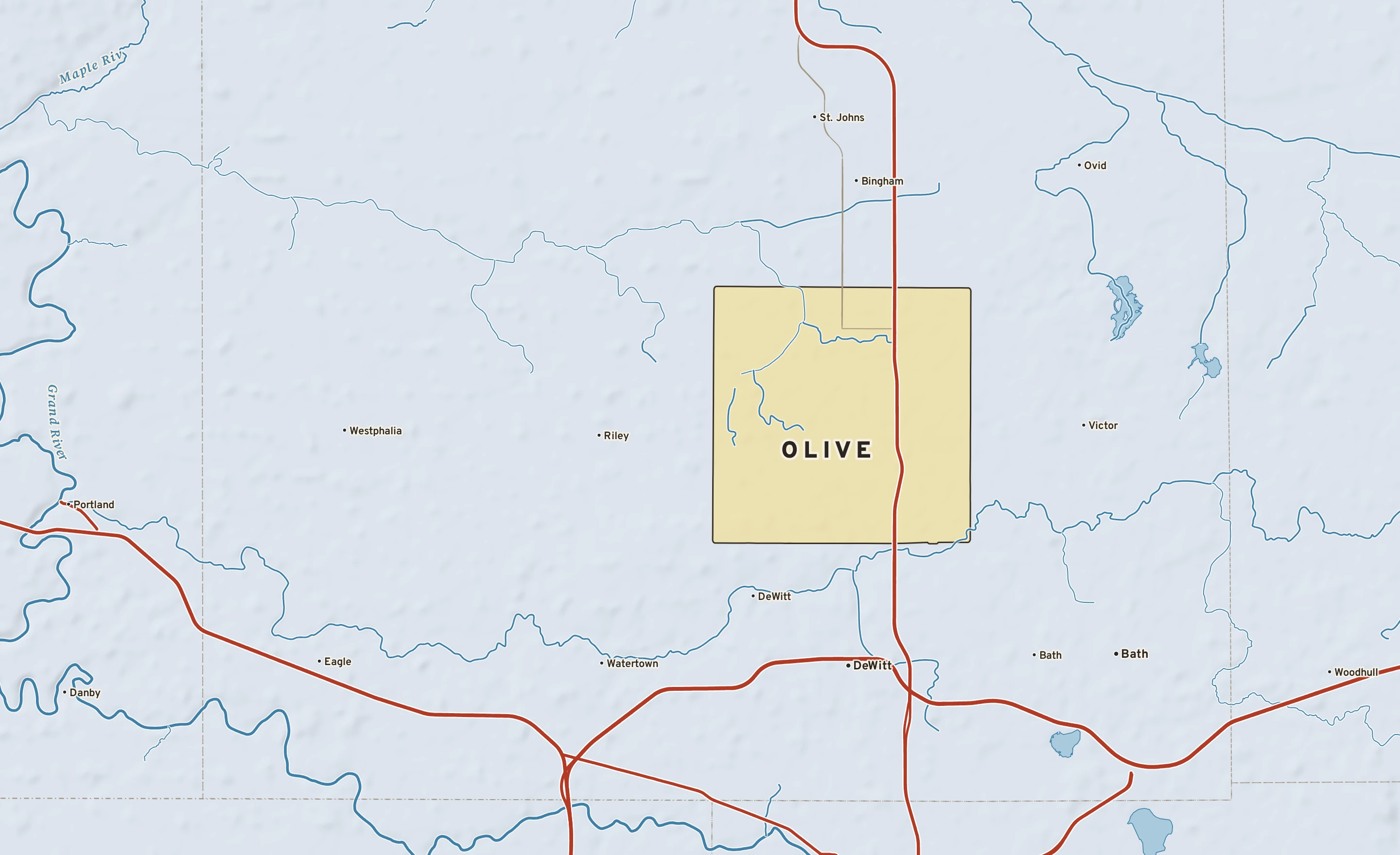 Shaded-relief atlas plate of Olive, Michigan: rivers, roads, the city limits and where the water drains.