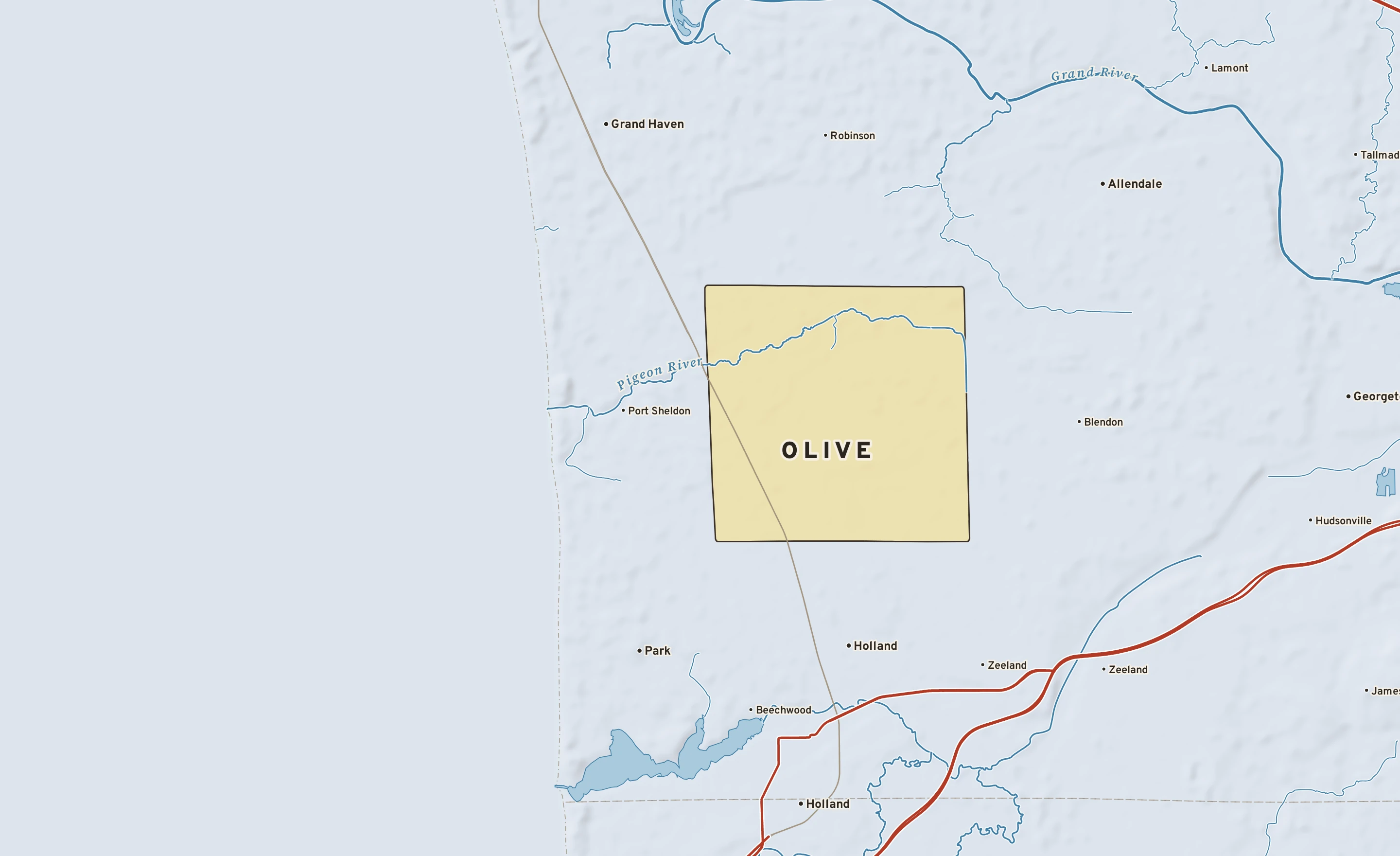 Shaded-relief atlas plate of Olive, Michigan: rivers, roads, the city limits and where the water drains.