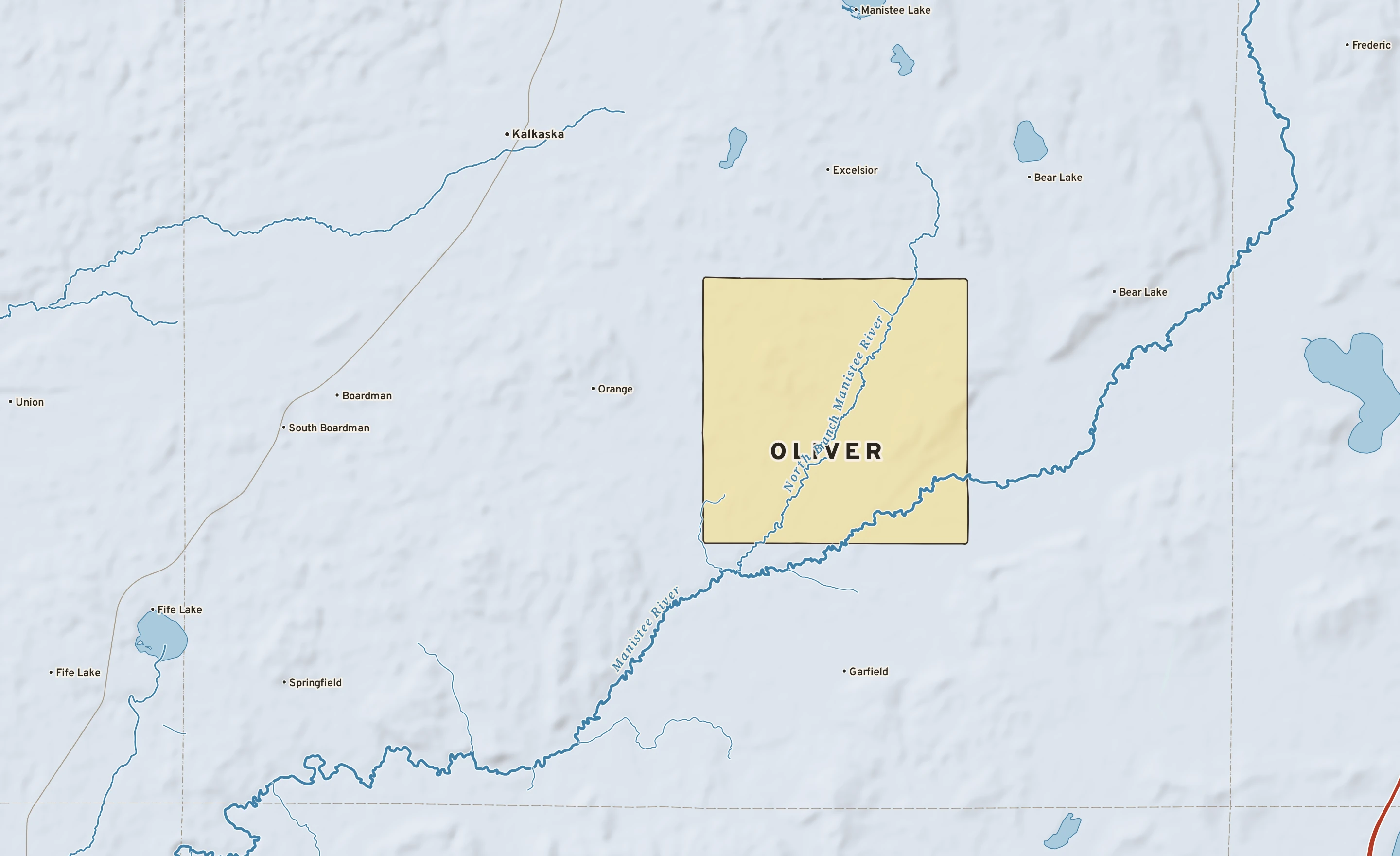 Shaded-relief atlas plate of Oliver, Michigan: rivers, roads, the city limits and where the water drains.