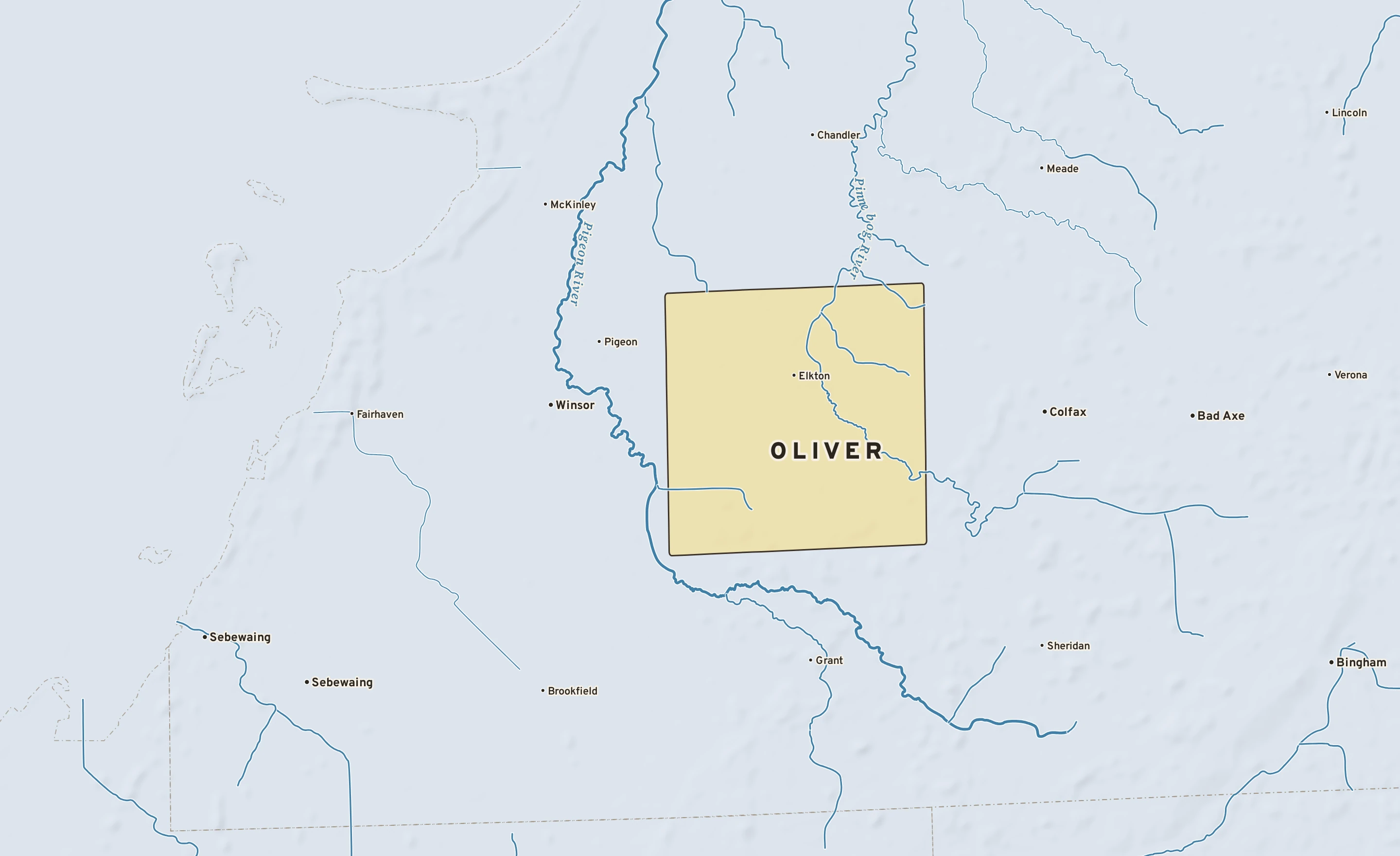 Shaded-relief atlas plate of Oliver, Michigan: rivers, roads, the city limits and where the water drains.