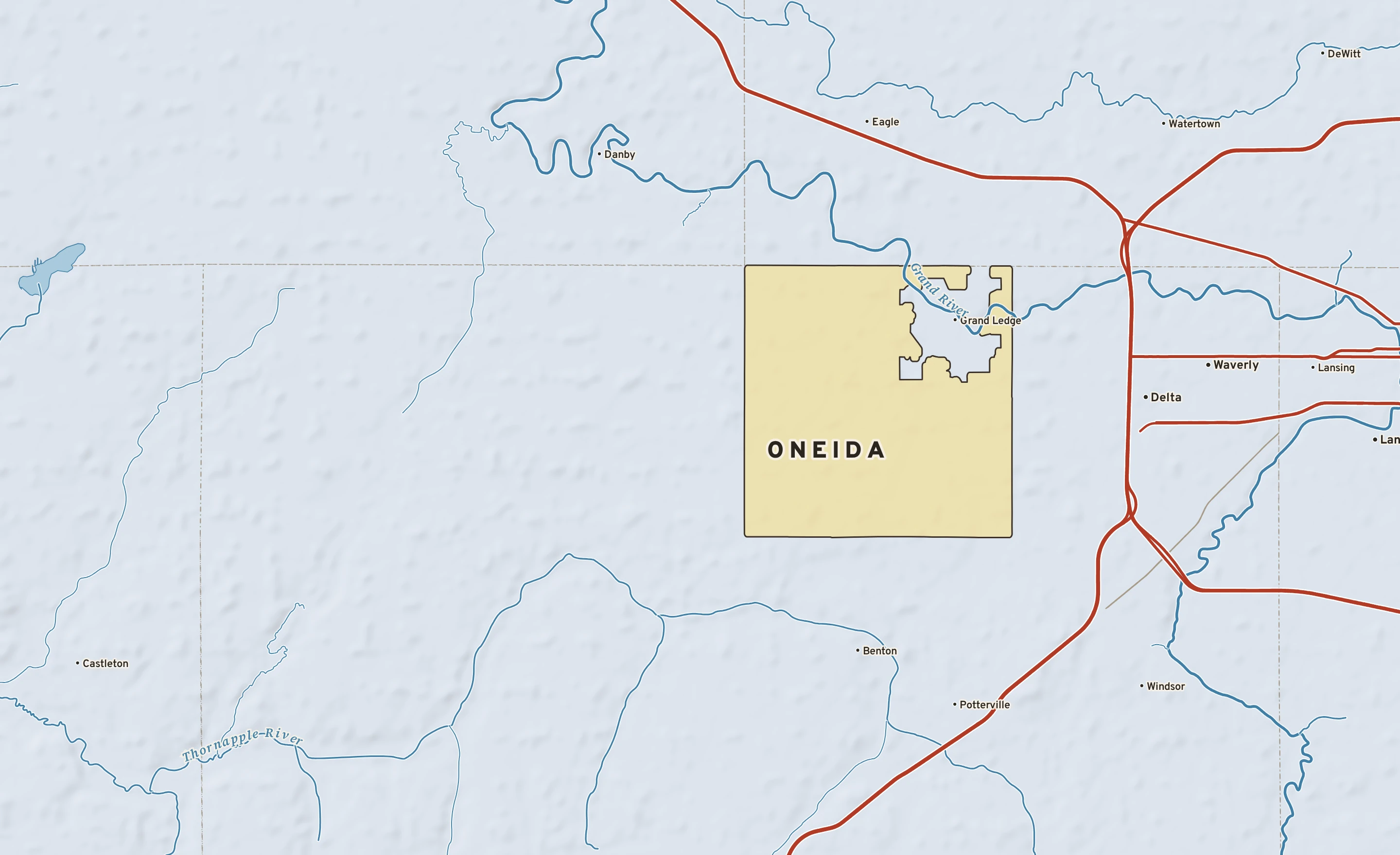 Shaded-relief atlas plate of Oneida, Michigan: rivers, roads, the city limits and where the water drains.