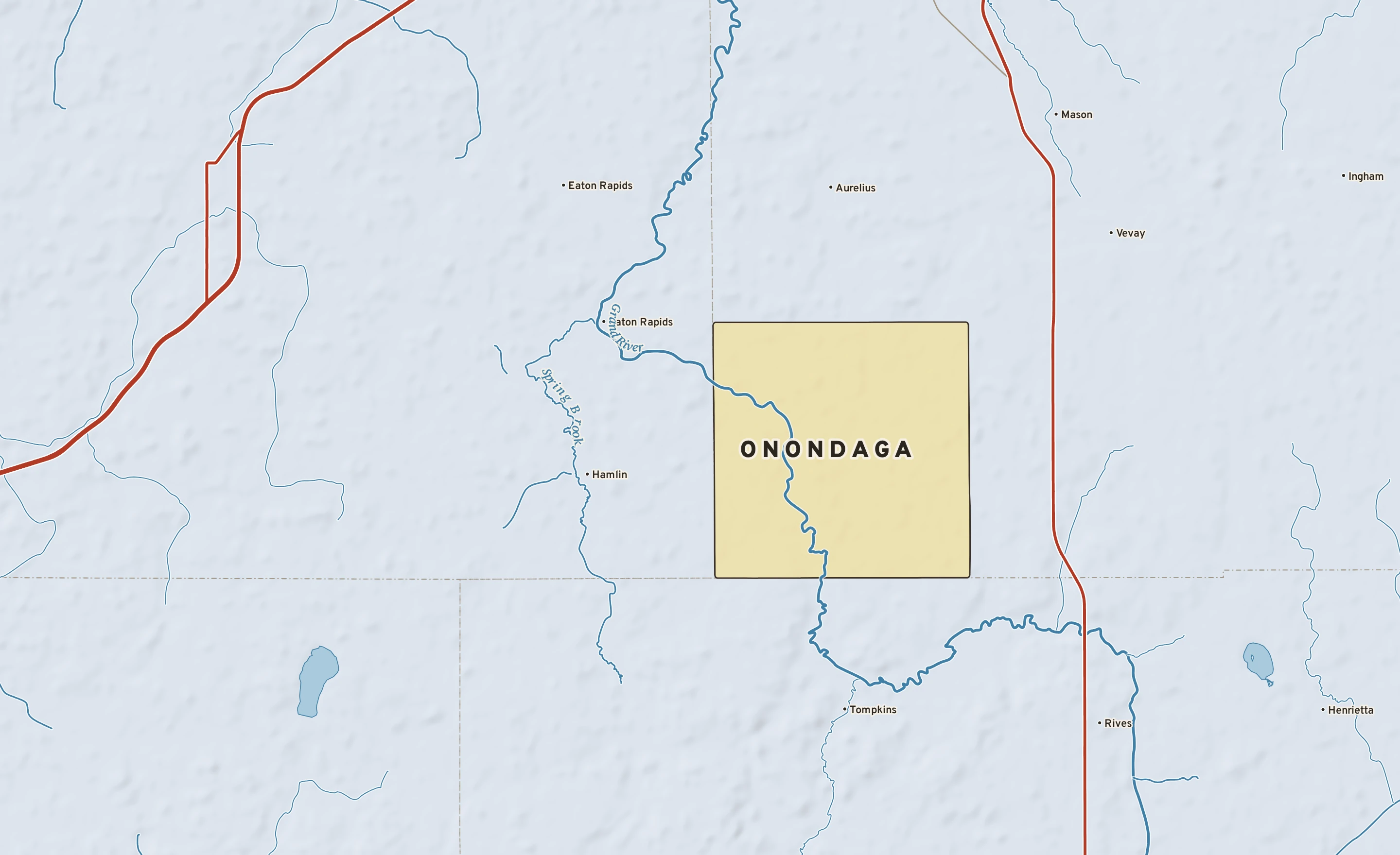 Shaded-relief atlas plate of Onondaga, Michigan: rivers, roads, the city limits and where the water drains.