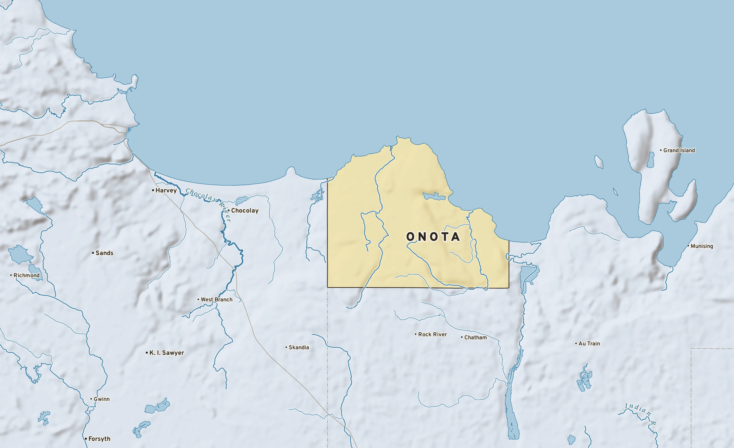 Shaded-relief atlas plate of Onota, Michigan: rivers, roads, the city limits and where the water drains.