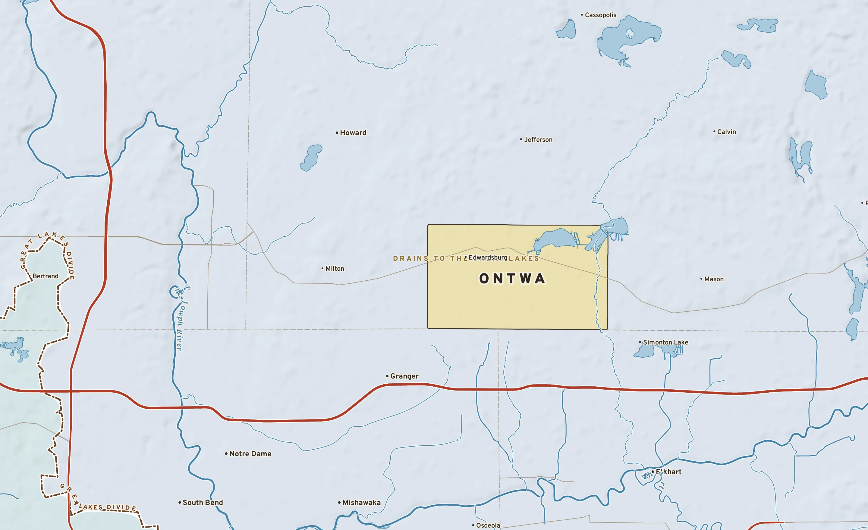 Shaded-relief atlas plate of Ontwa, Michigan: rivers, roads, the city limits and where the water drains.