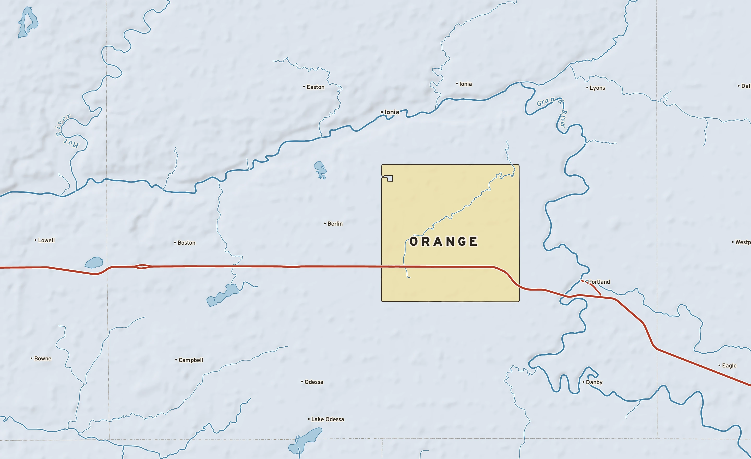Shaded-relief atlas plate of Orange, Michigan: rivers, roads, the city limits and where the water drains.