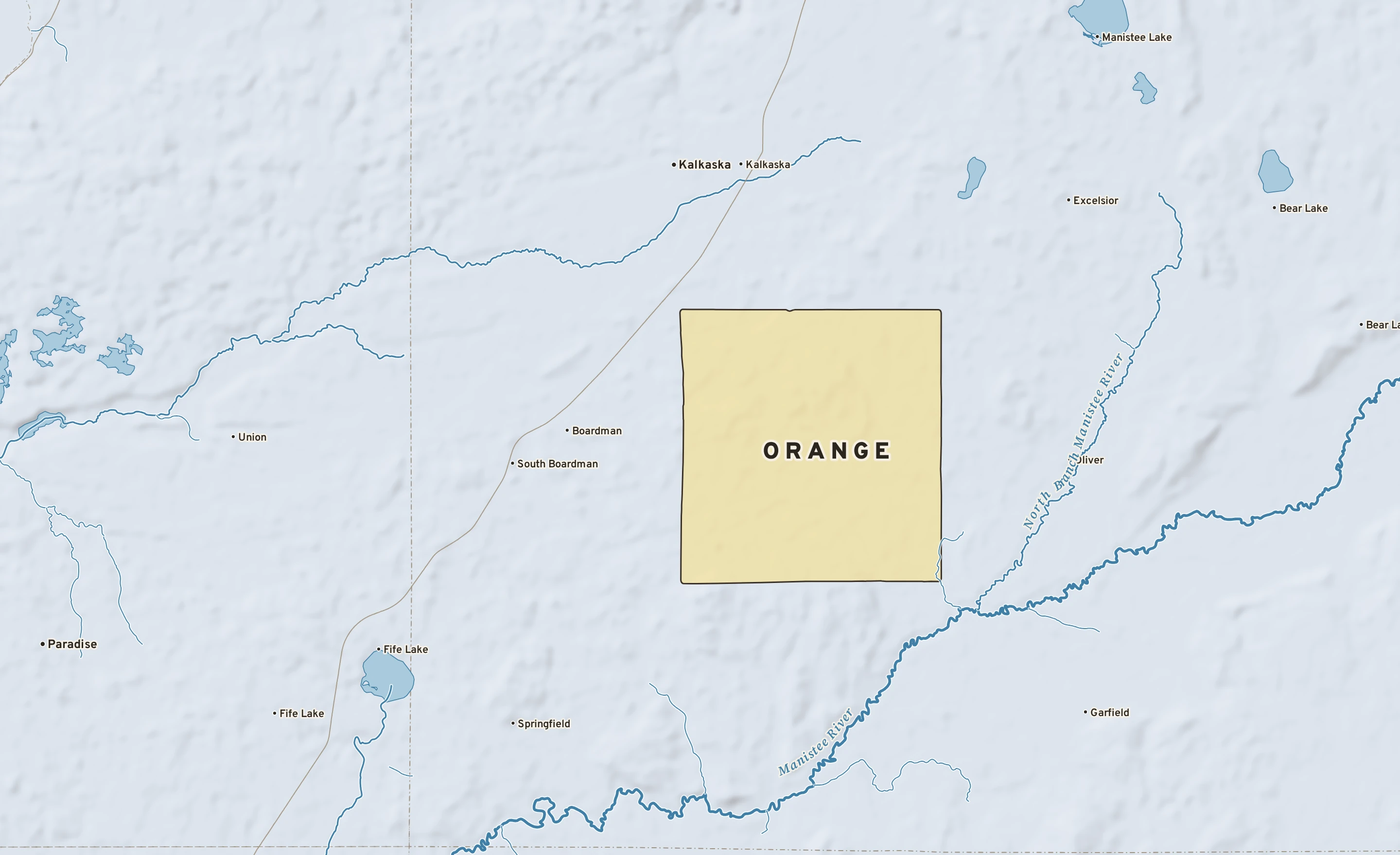 Shaded-relief atlas plate of Orange, Michigan: rivers, roads, the city limits and where the water drains.