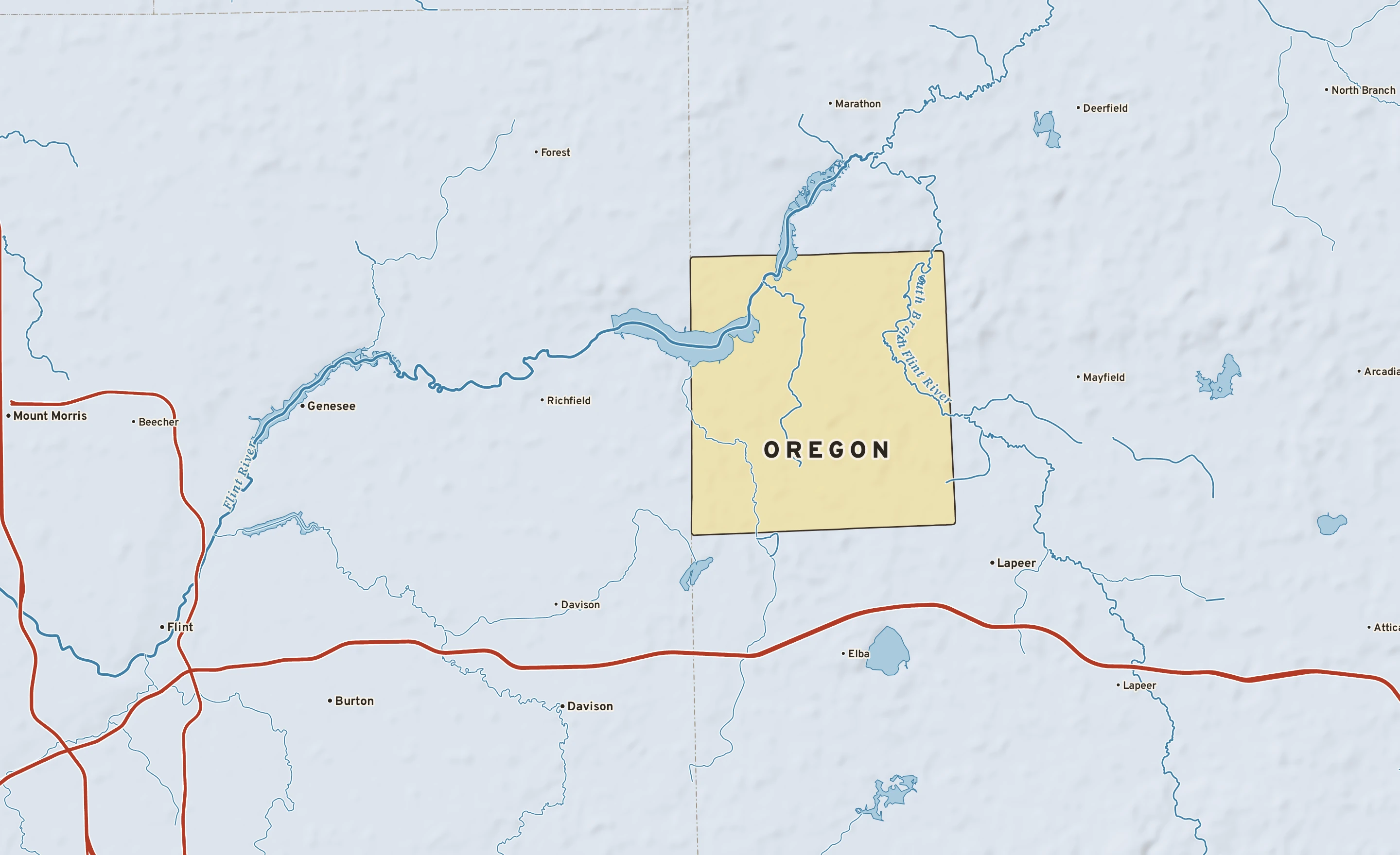 Shaded-relief atlas plate of Oregon, Michigan: rivers, roads, the city limits and where the water drains.