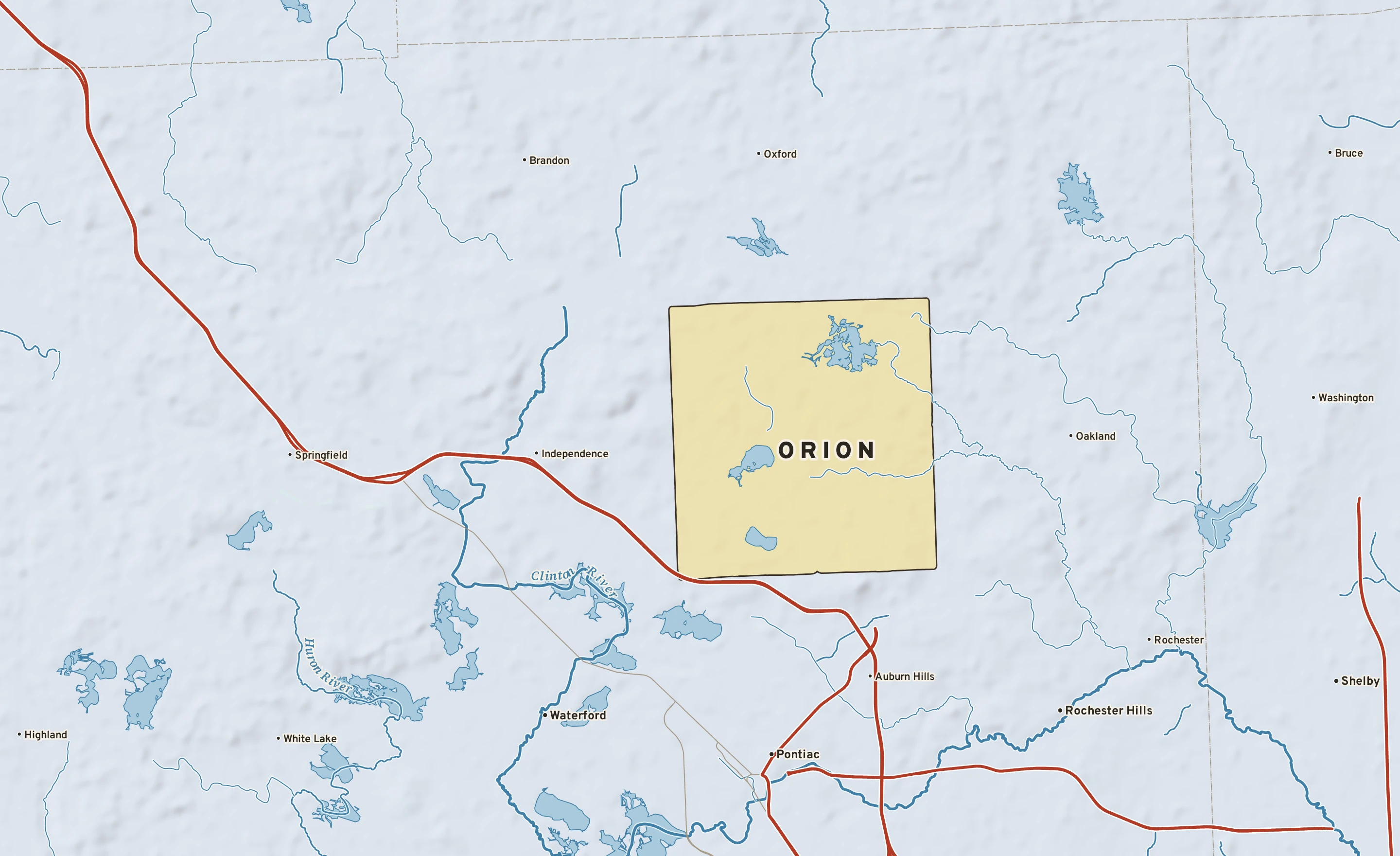 Shaded-relief atlas plate of Orion, Michigan: rivers, roads, the city limits and where the water drains.