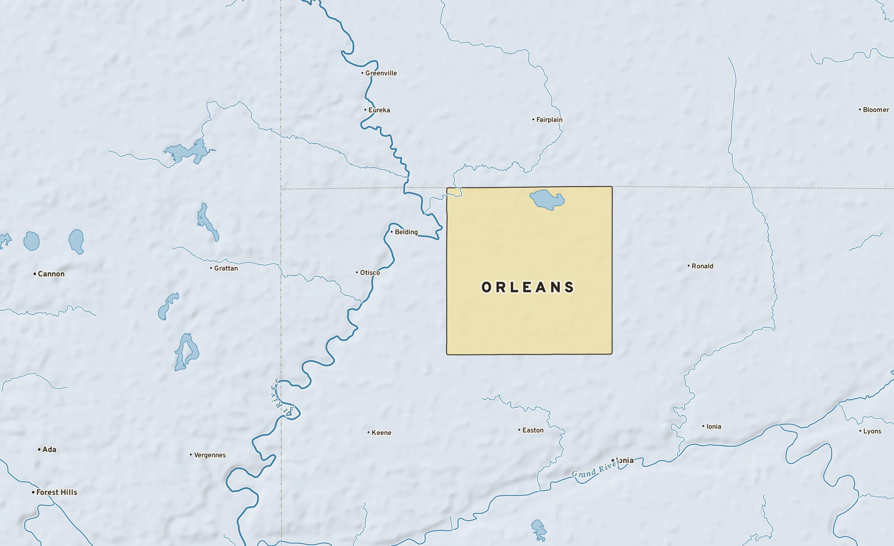 Shaded-relief atlas plate of Orleans, Michigan: rivers, roads, the city limits and where the water drains.