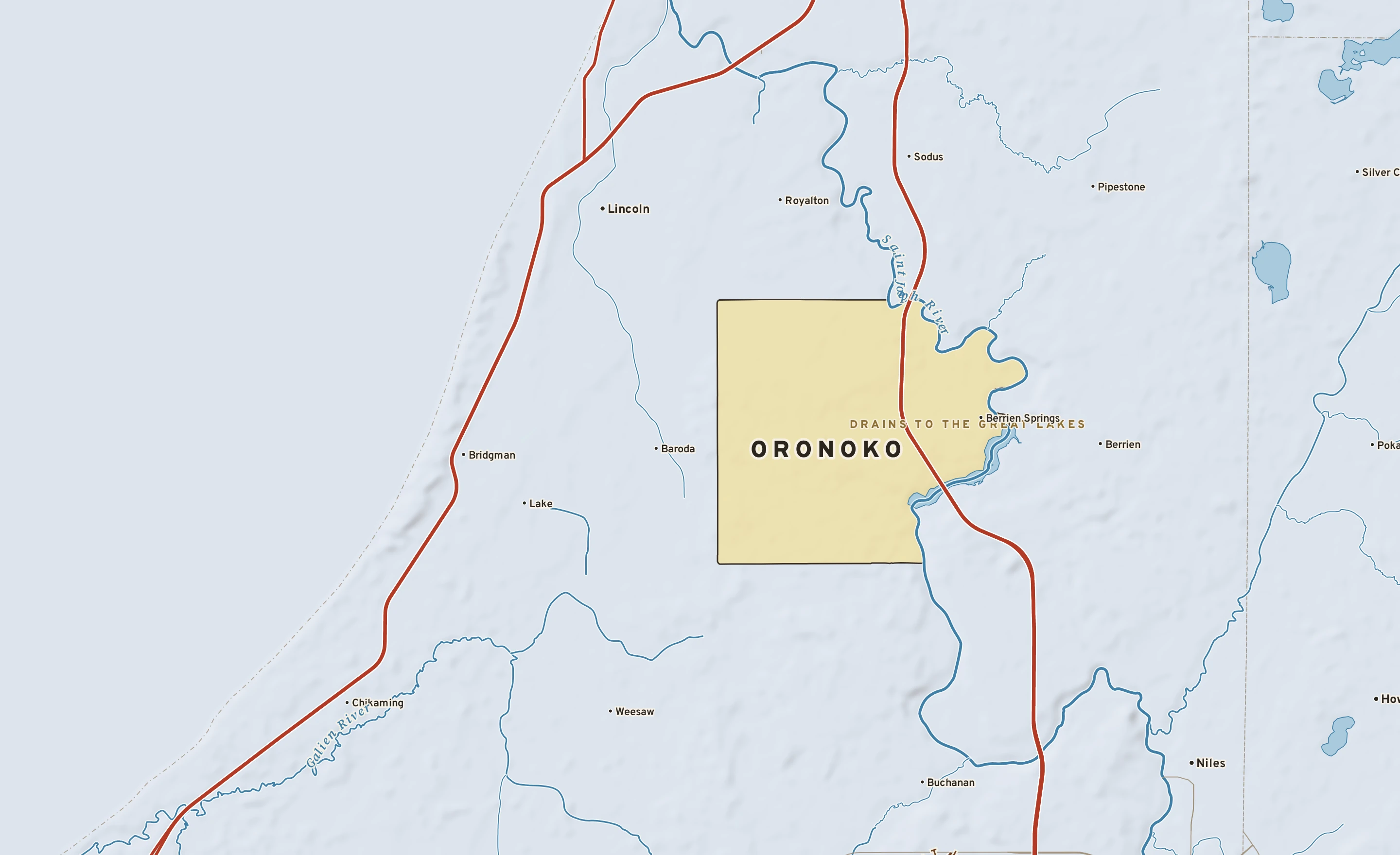 Shaded-relief atlas plate of Oronoko, Michigan: rivers, roads, the city limits and where the water drains.