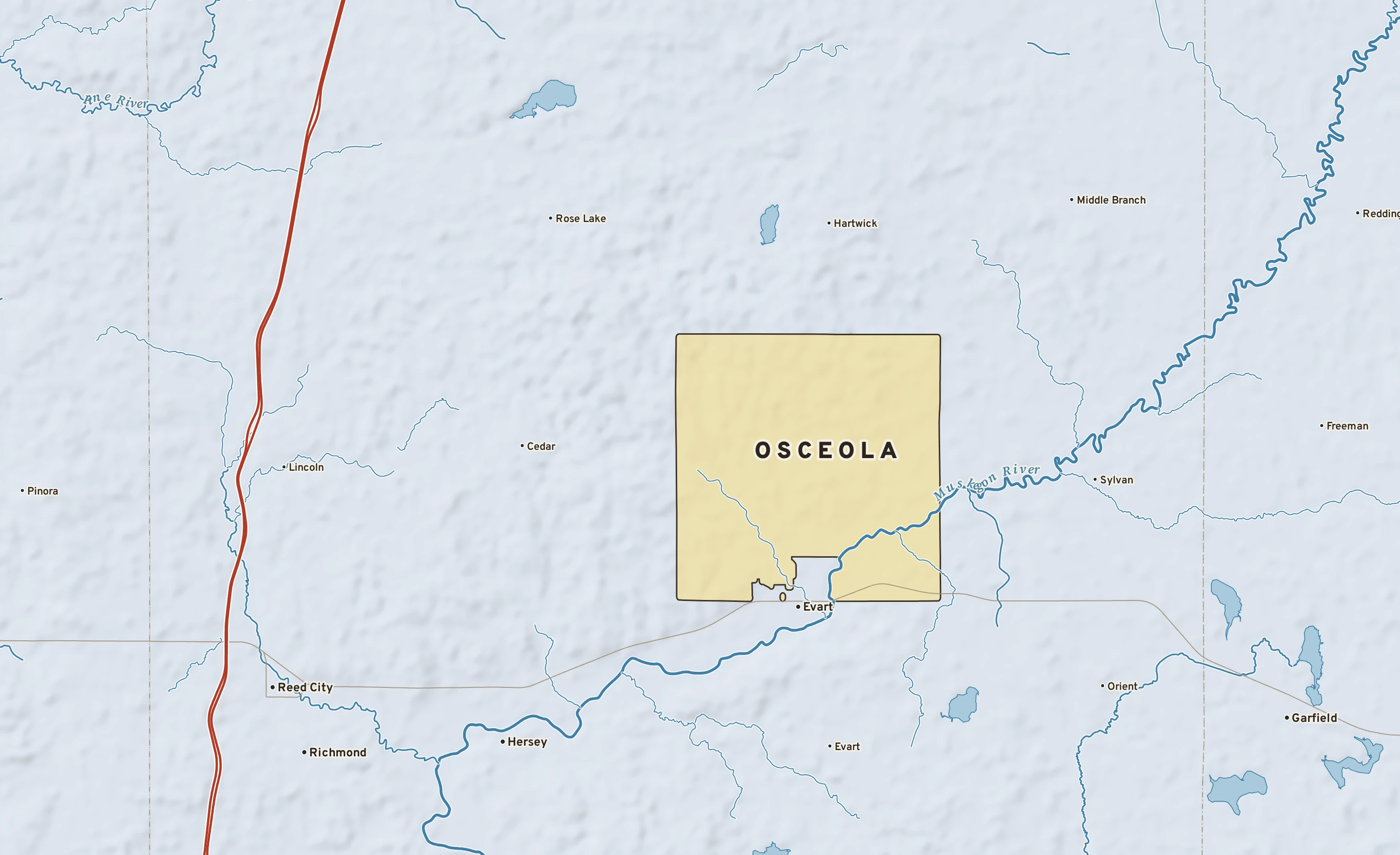 Shaded-relief atlas plate of Osceola, Michigan: rivers, roads, the city limits and where the water drains.