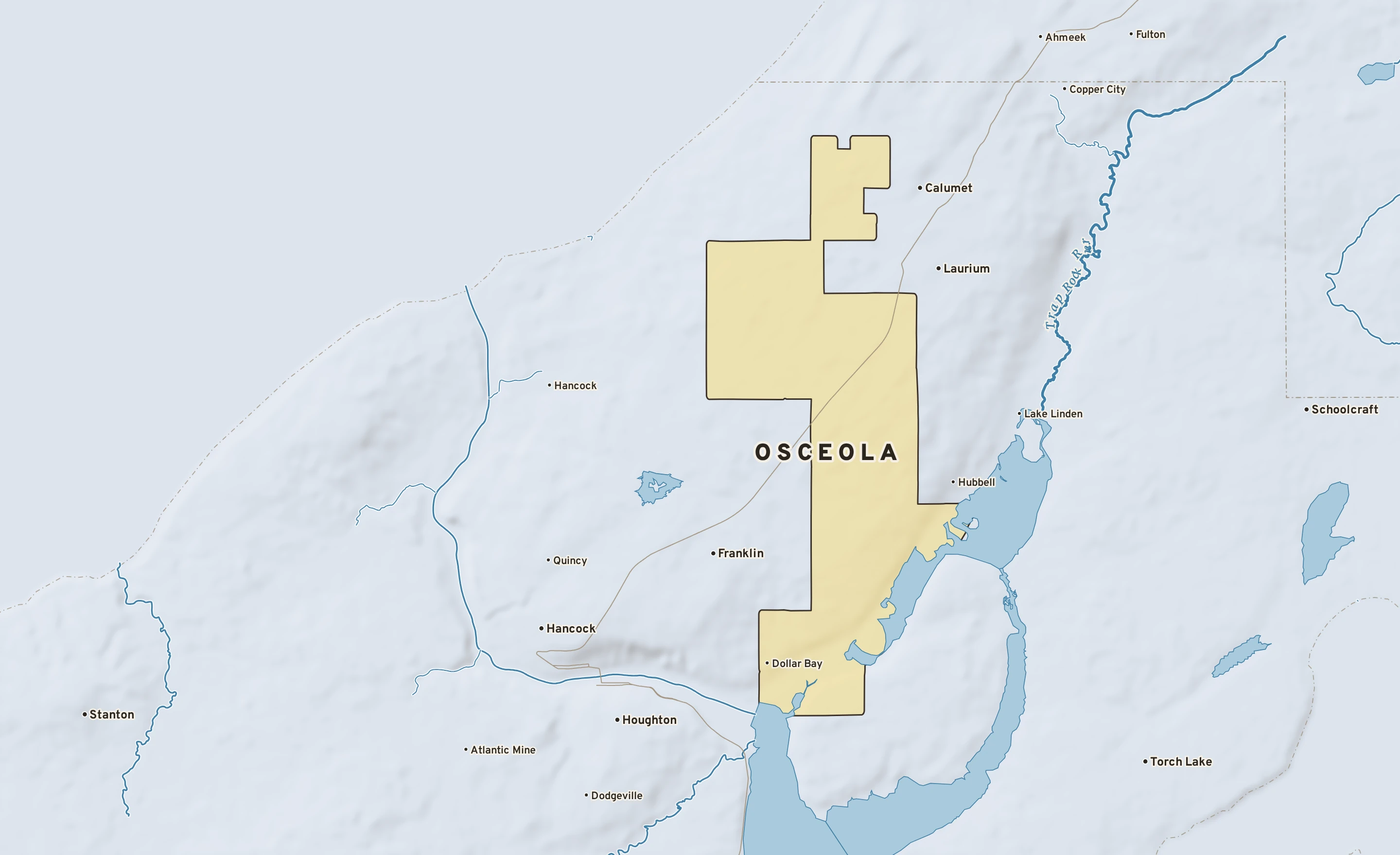 Shaded-relief atlas plate of Osceola, Michigan: rivers, roads, the city limits and where the water drains.
