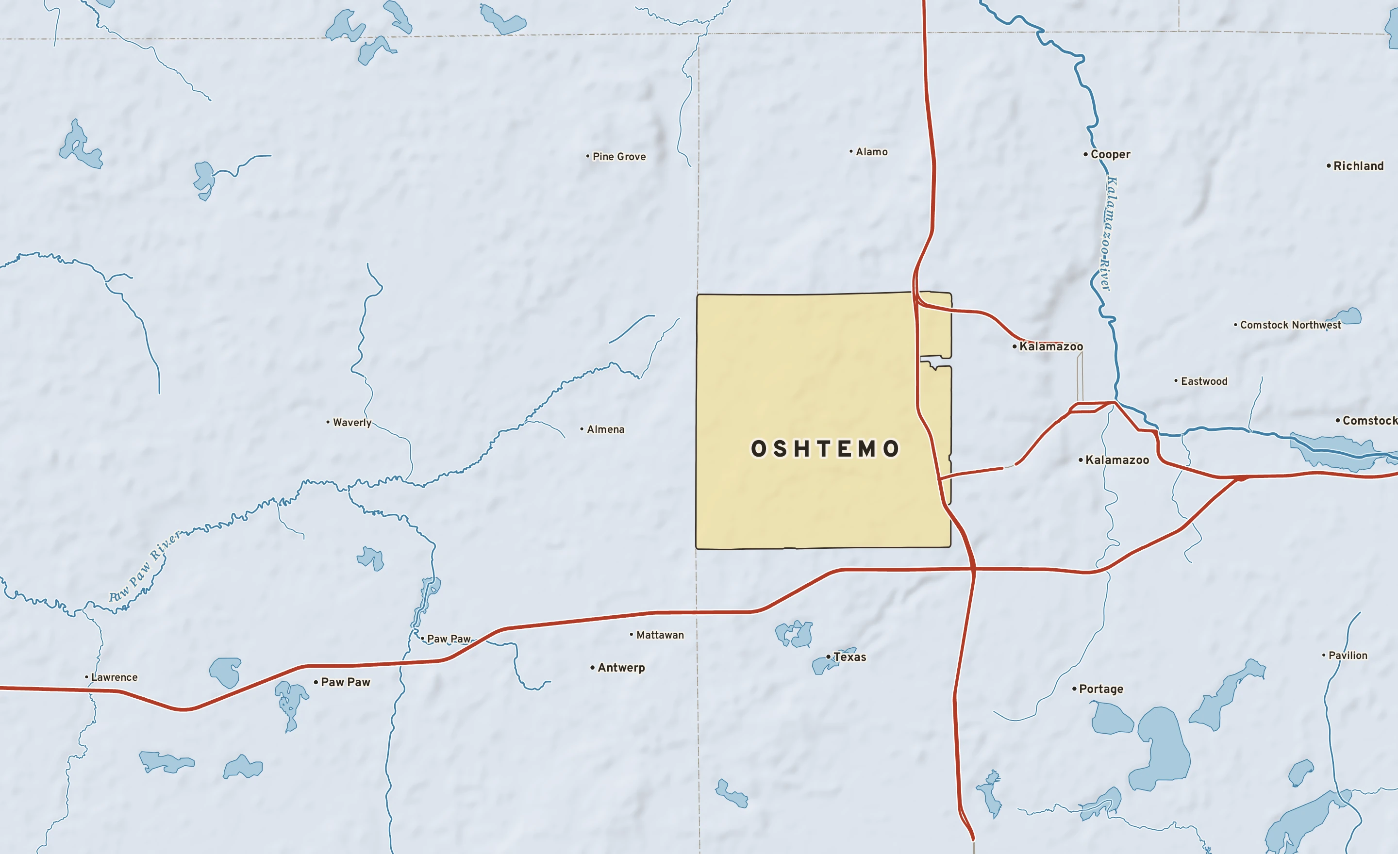 Shaded-relief atlas plate of Oshtemo, Michigan: rivers, roads, the city limits and where the water drains.