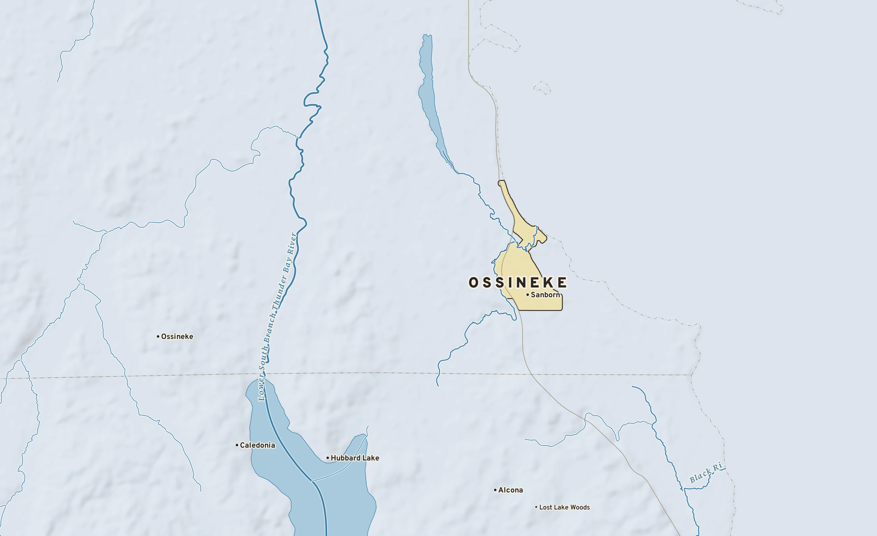 Shaded-relief atlas plate of Ossineke, Michigan: rivers, roads, the city limits and where the water drains.