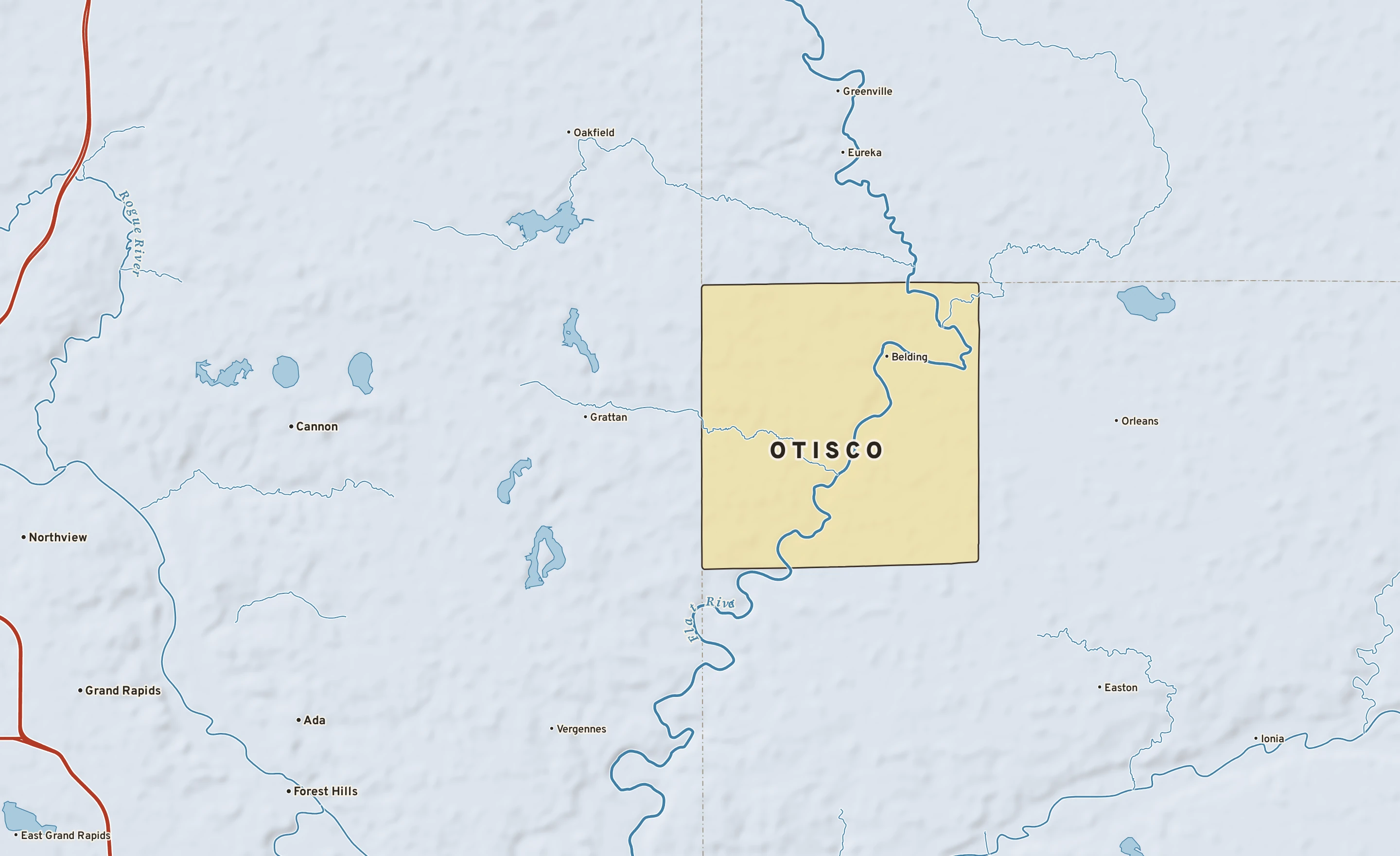 Shaded-relief atlas plate of Otisco, Michigan: rivers, roads, the city limits and where the water drains.