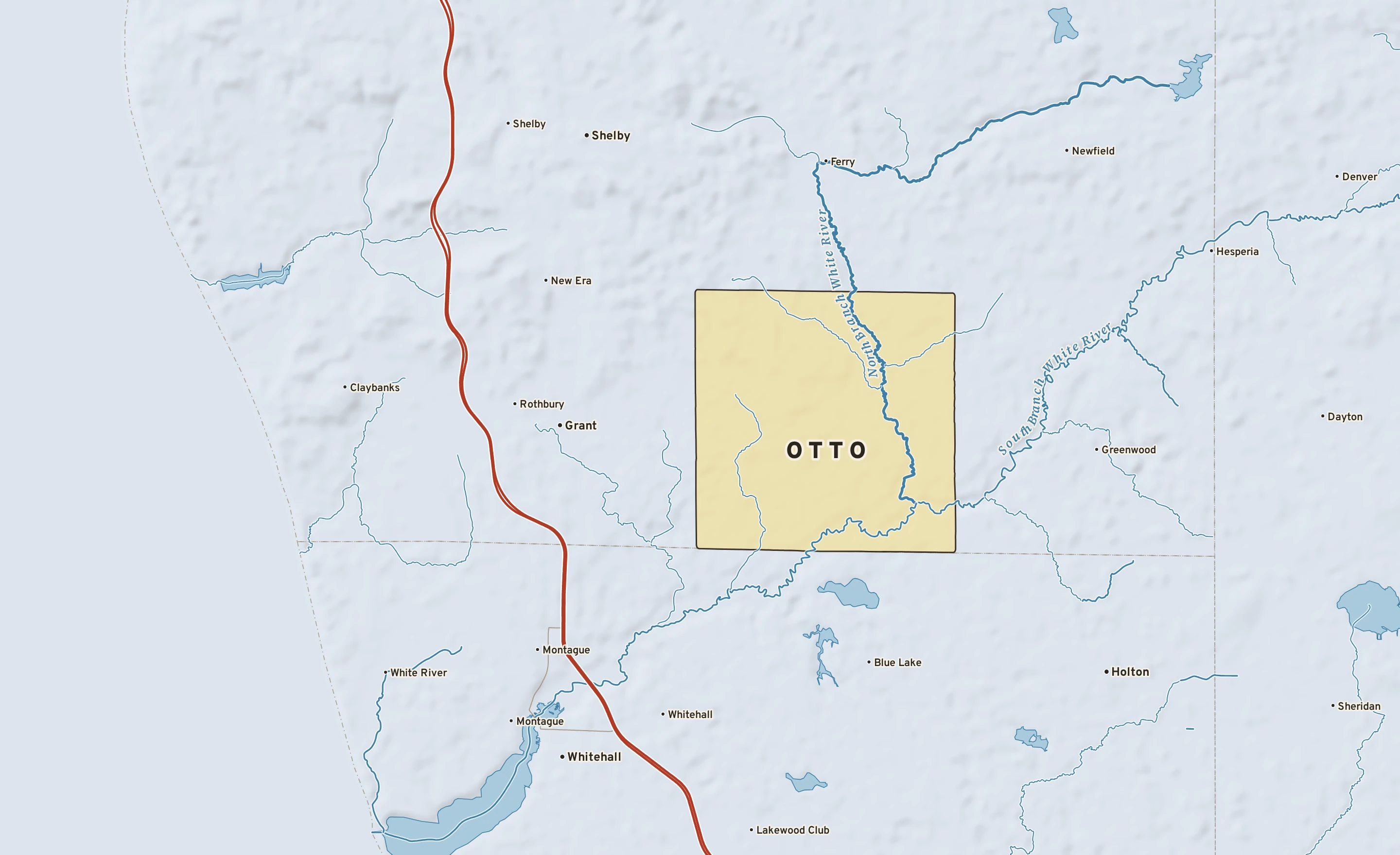 Shaded-relief atlas plate of Otto, Michigan: rivers, roads, the city limits and where the water drains.