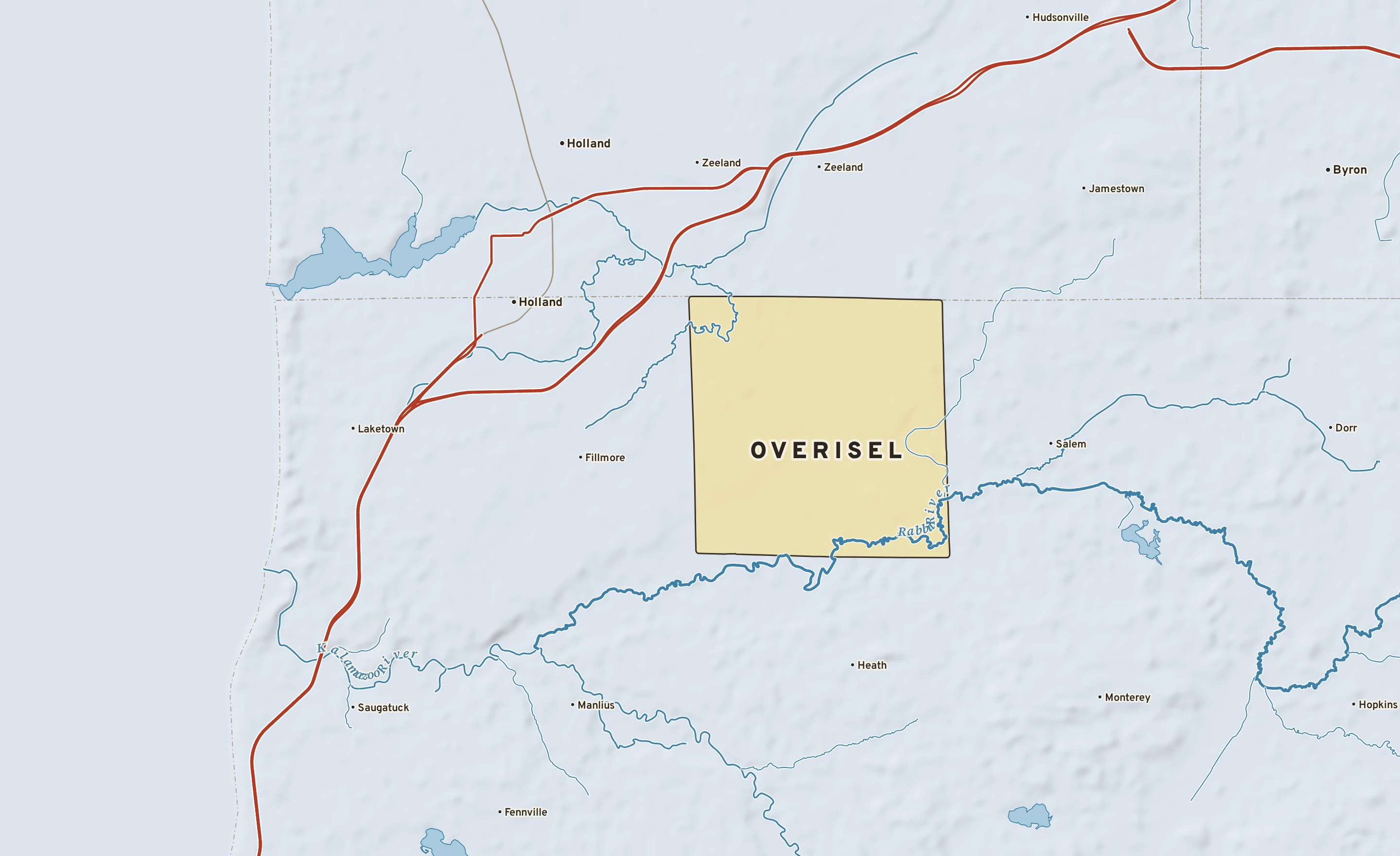 Shaded-relief atlas plate of Overisel, Michigan: rivers, roads, the city limits and where the water drains.
