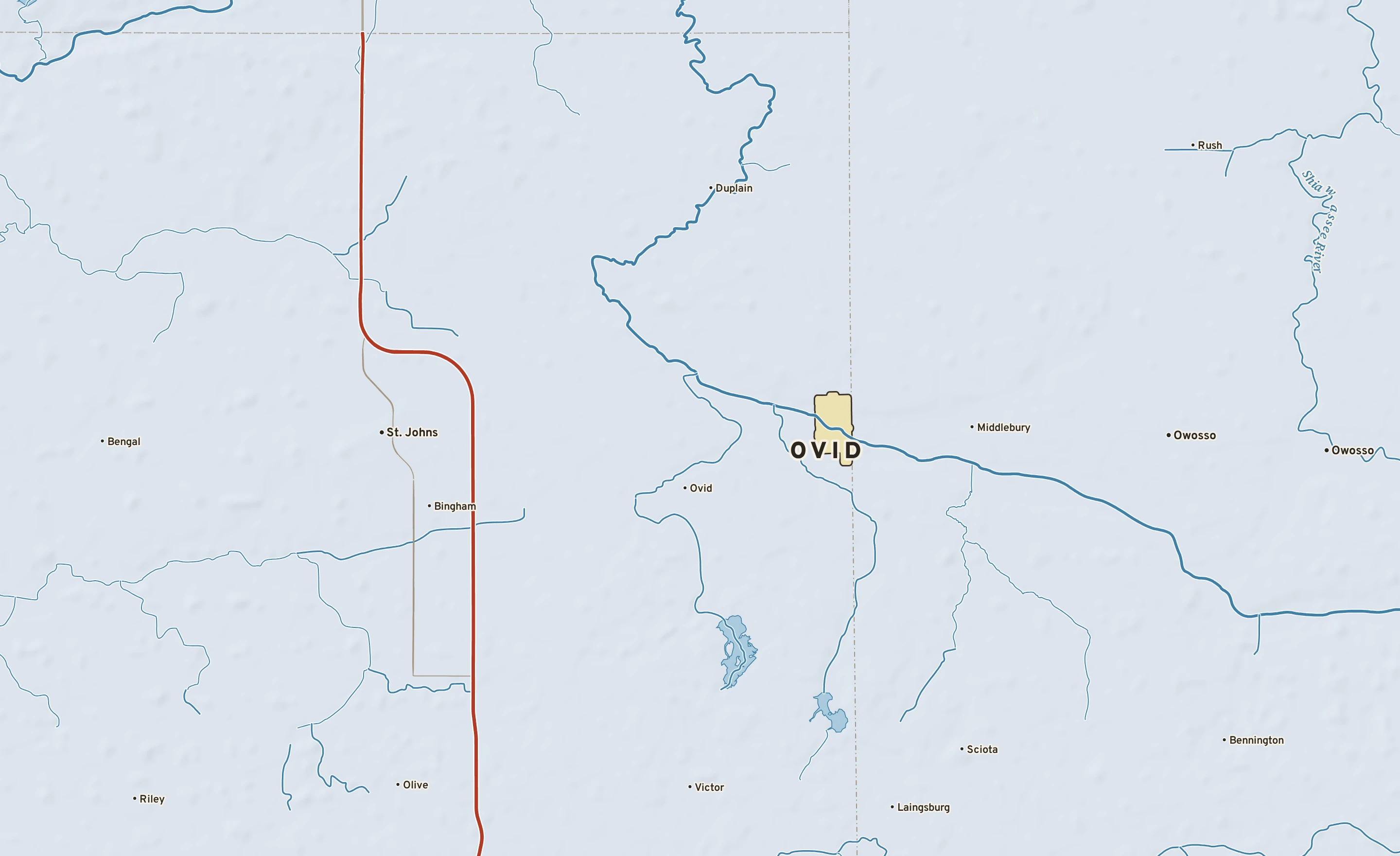Shaded-relief atlas plate of Ovid, Michigan: rivers, roads, the city limits and where the water drains.