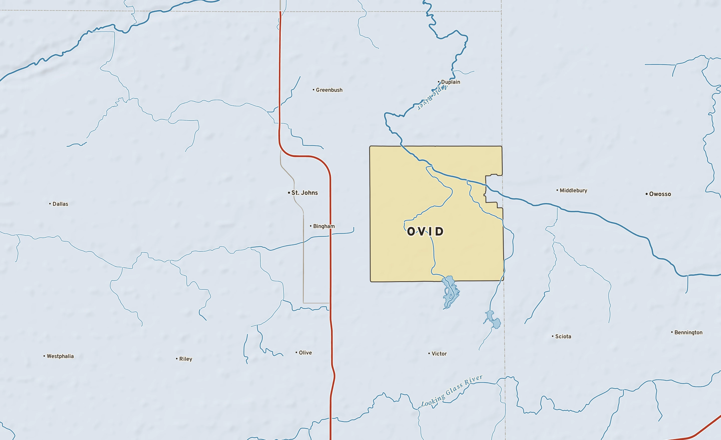 Shaded-relief atlas plate of Ovid, Michigan: rivers, roads, the city limits and where the water drains.