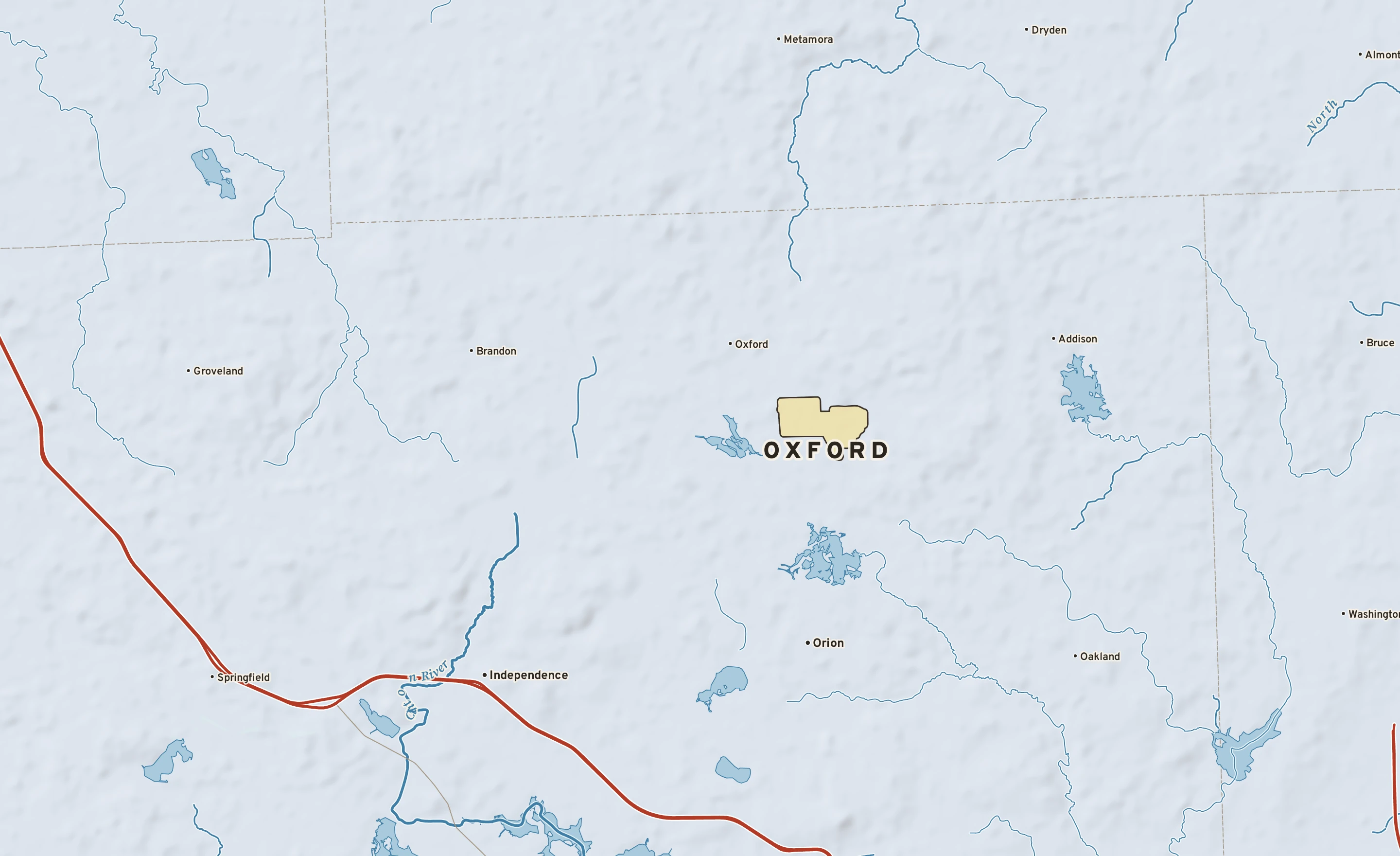 Shaded-relief atlas plate of Oxford, Michigan: rivers, roads, the city limits and where the water drains.