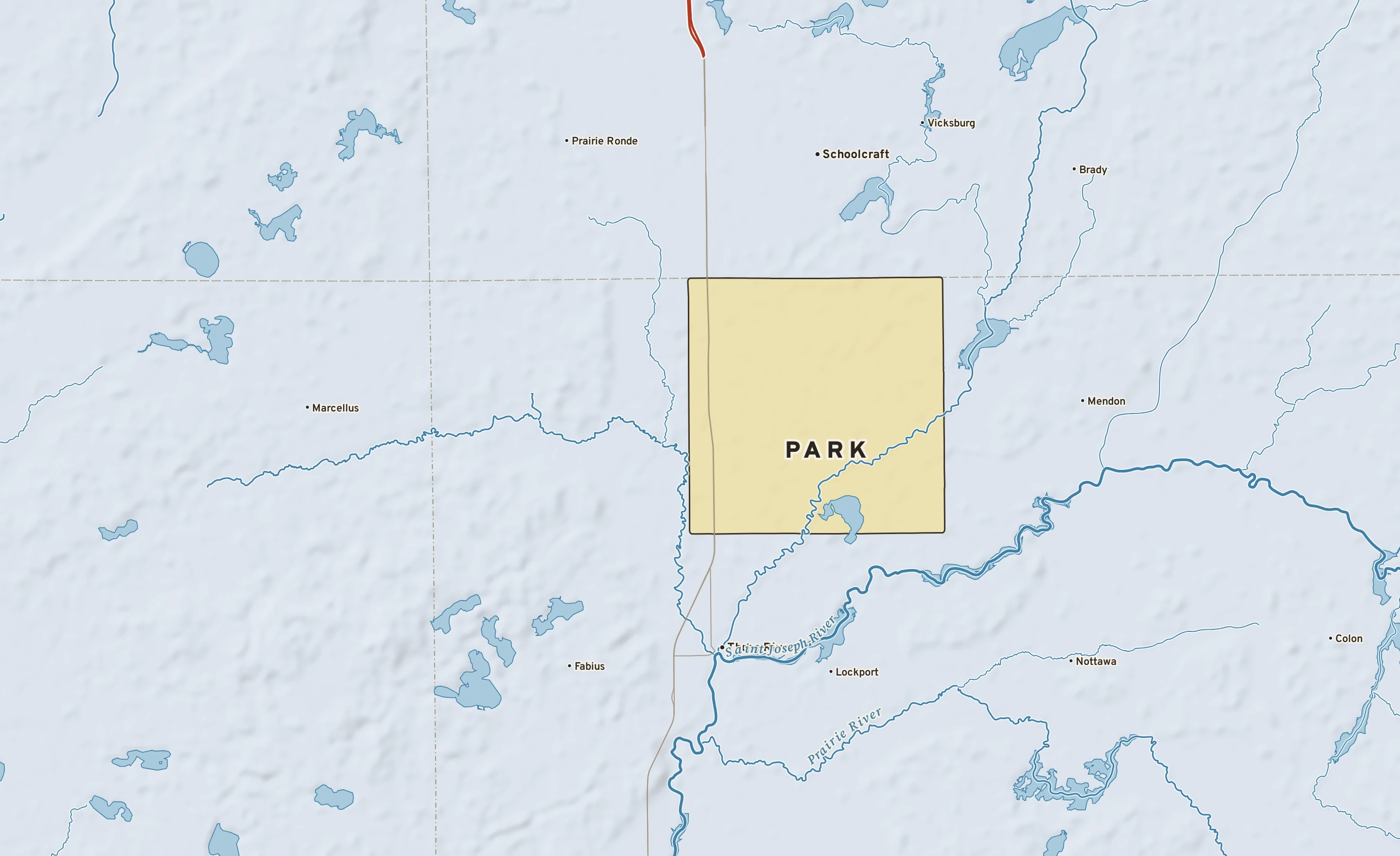 Shaded-relief atlas plate of Park, Michigan: rivers, roads, the city limits and where the water drains.