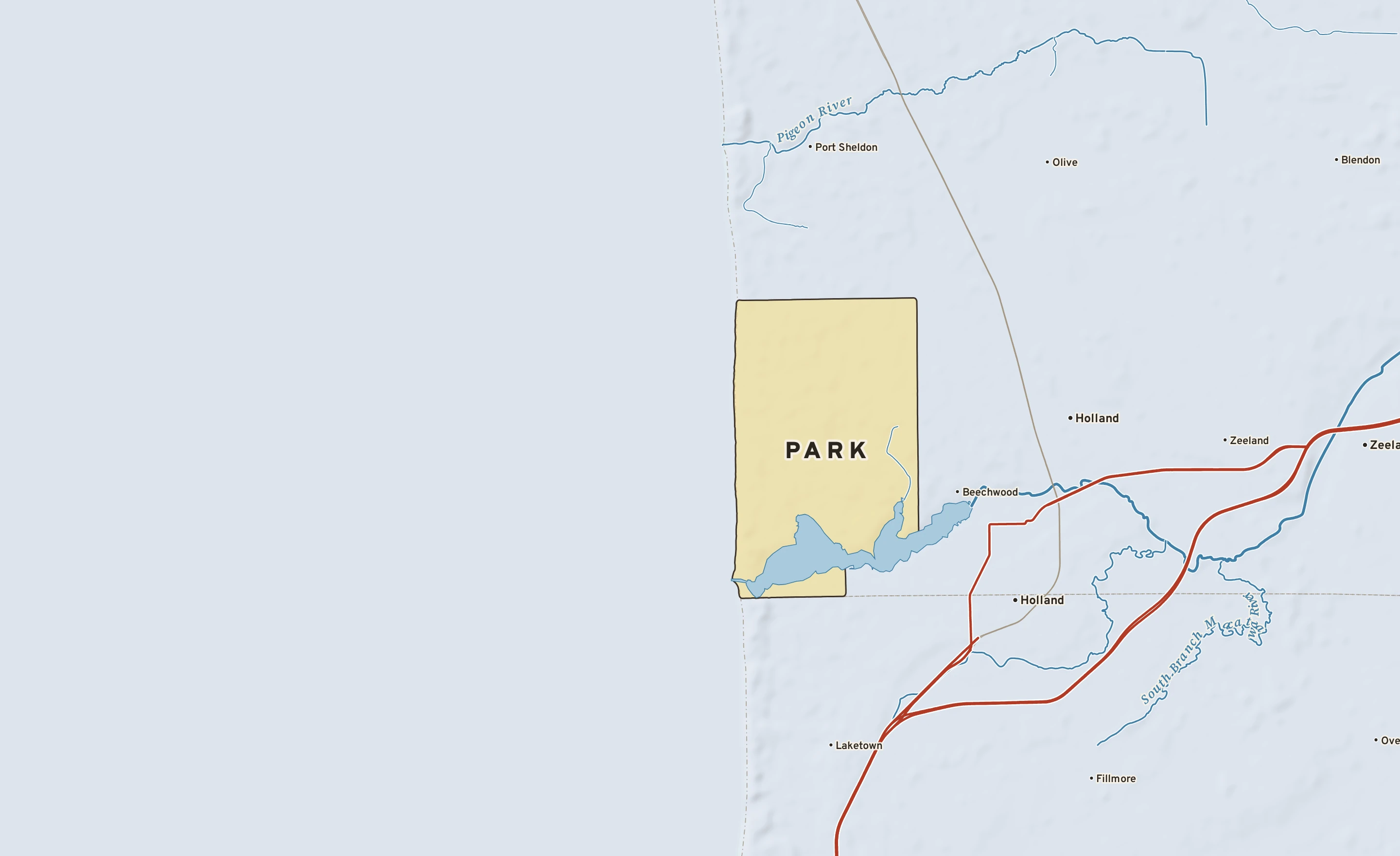 Shaded-relief atlas plate of Park, Michigan: rivers, roads, the city limits and where the water drains.