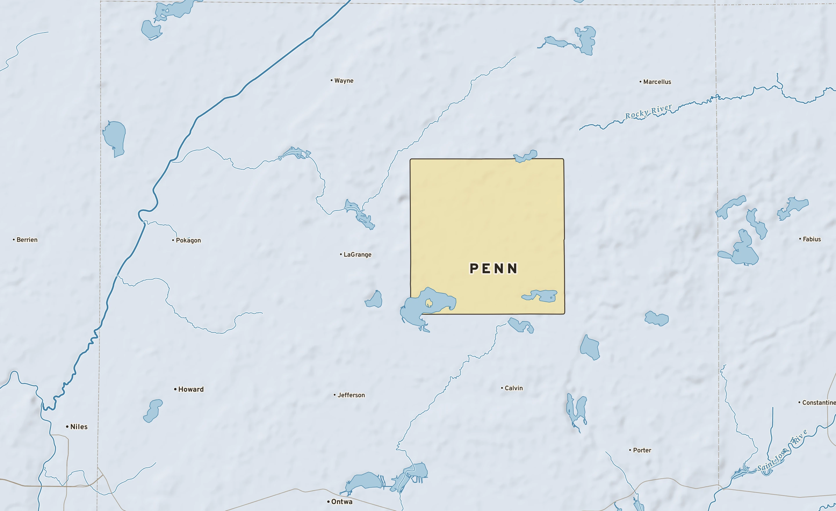 Shaded-relief atlas plate of Penn, Michigan: rivers, roads, the city limits and where the water drains.