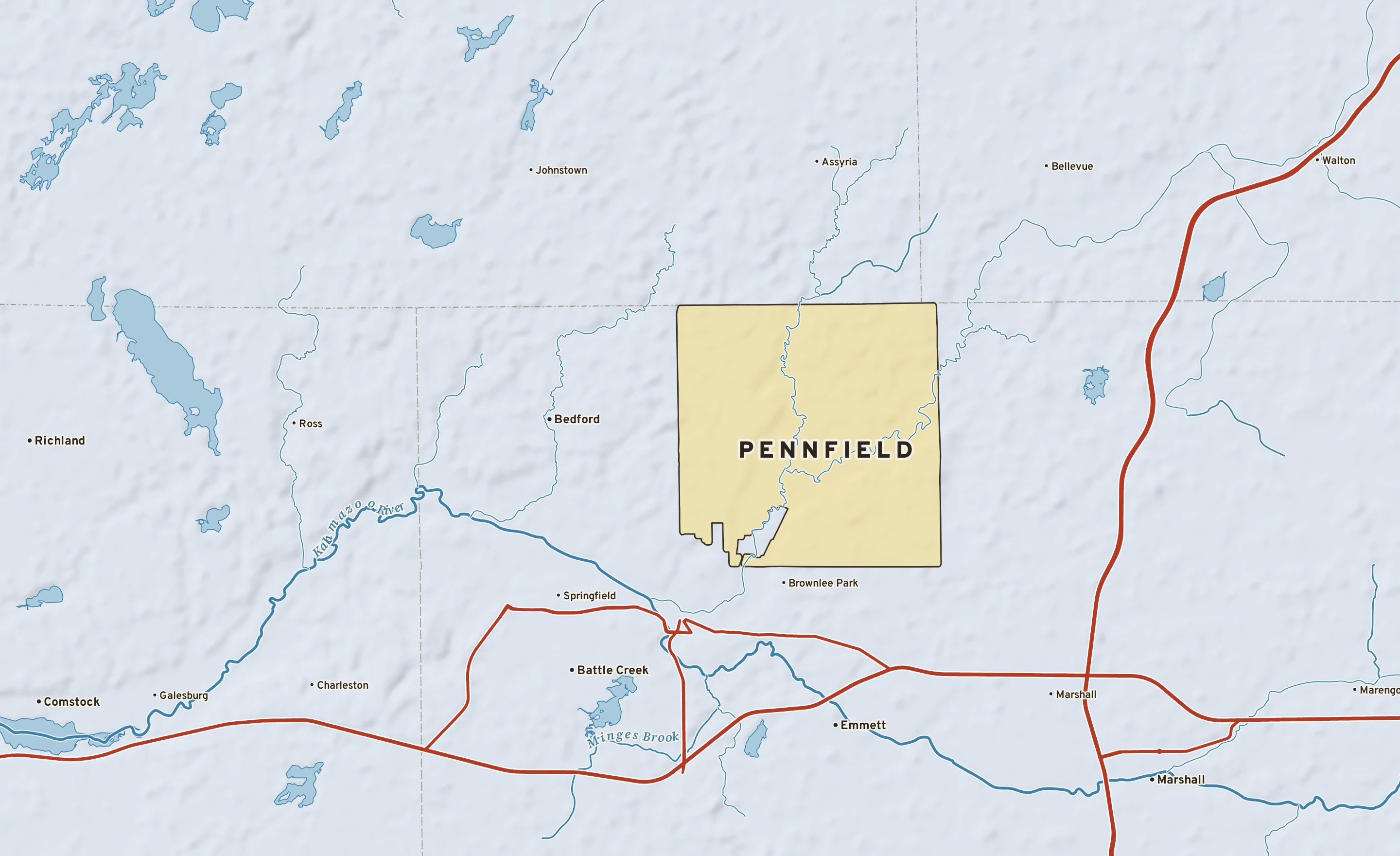 Shaded-relief atlas plate of Pennfield, Michigan: rivers, roads, the city limits and where the water drains.