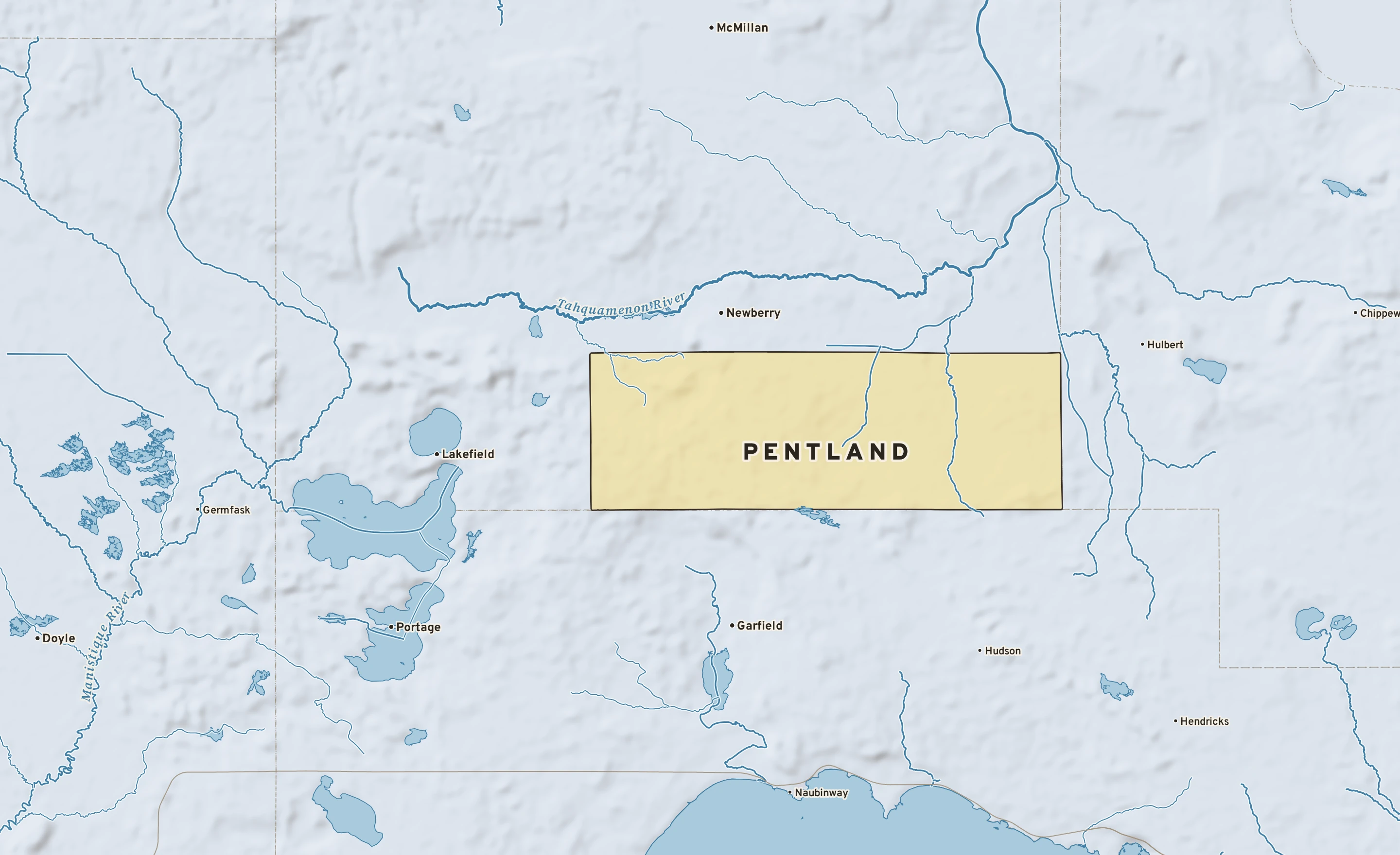 Shaded-relief atlas plate of Pentland, Michigan: rivers, roads, the city limits and where the water drains.