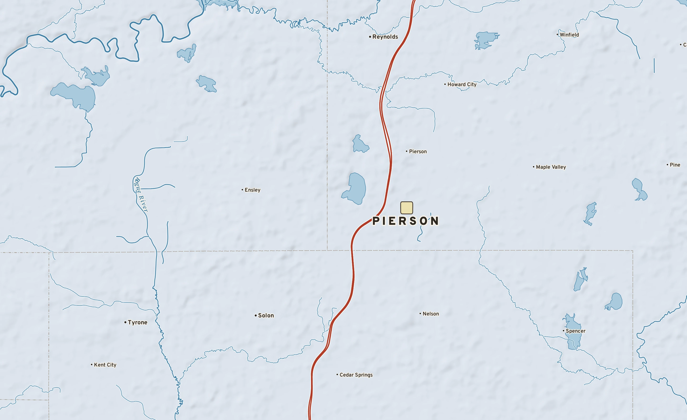 Shaded-relief atlas plate of Pierson, Michigan: rivers, roads, the city limits and where the water drains.