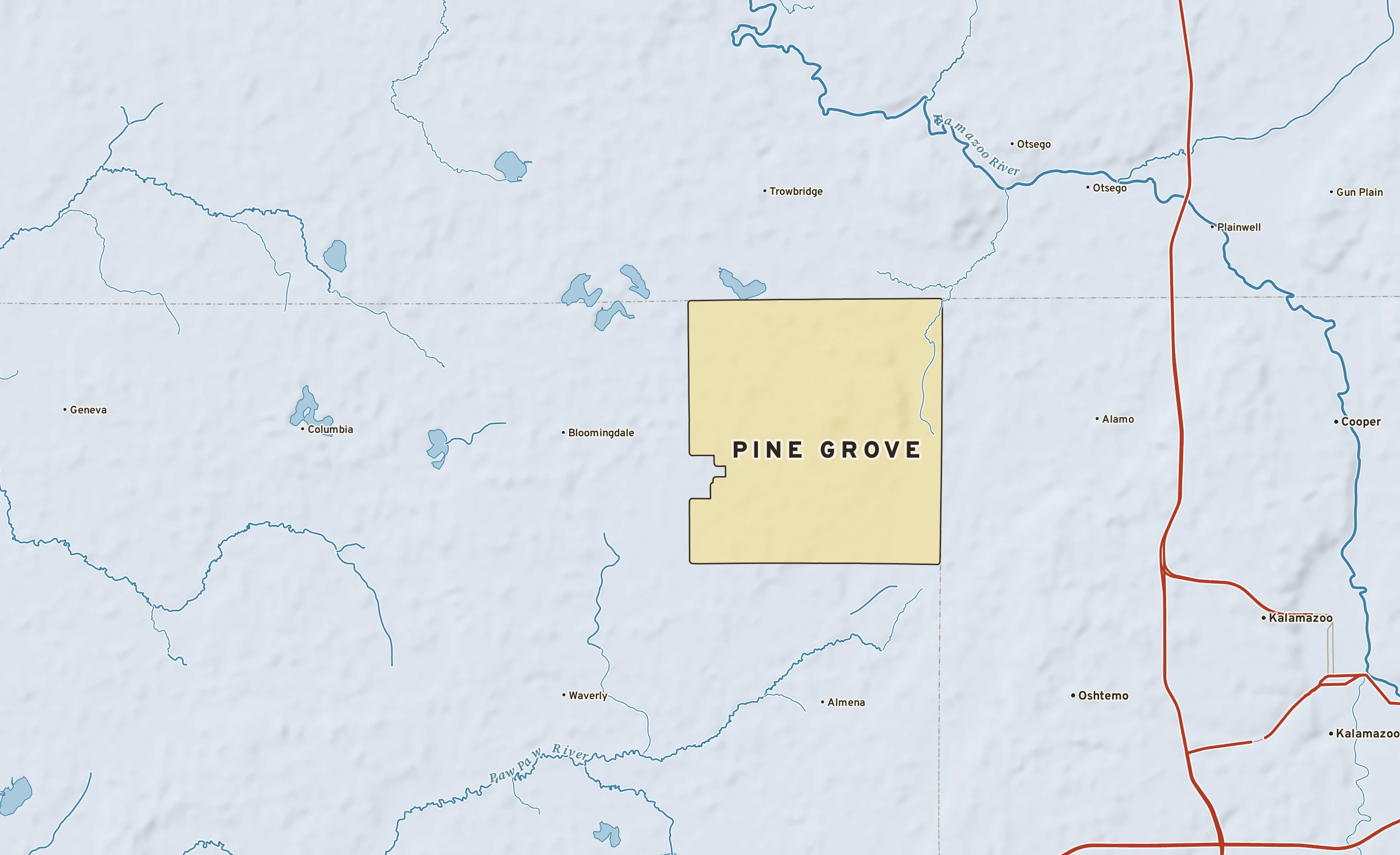 Shaded-relief atlas plate of Pine Grove, Michigan: rivers, roads, the city limits and where the water drains.