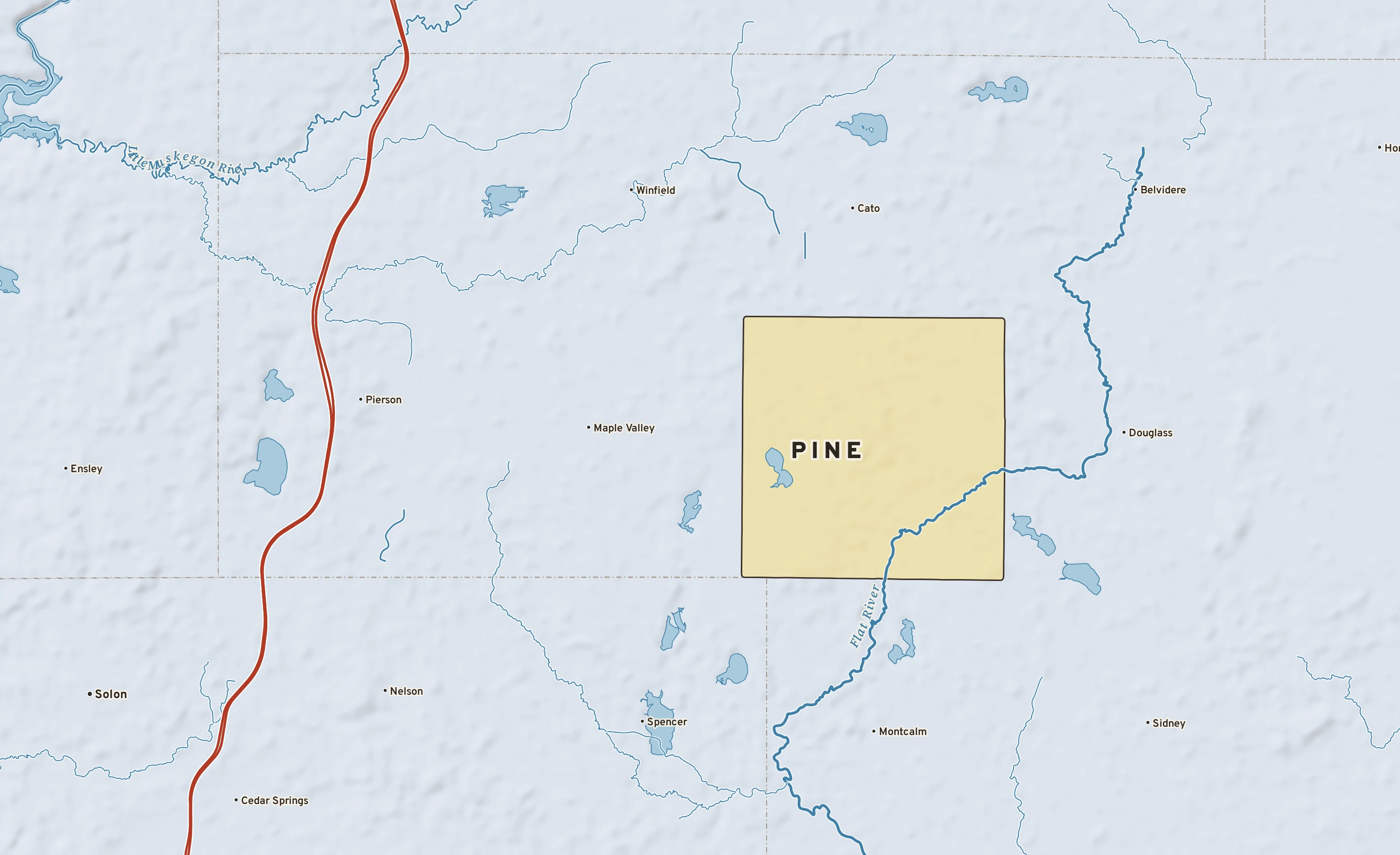 Shaded-relief atlas plate of Pine, Michigan: rivers, roads, the city limits and where the water drains.