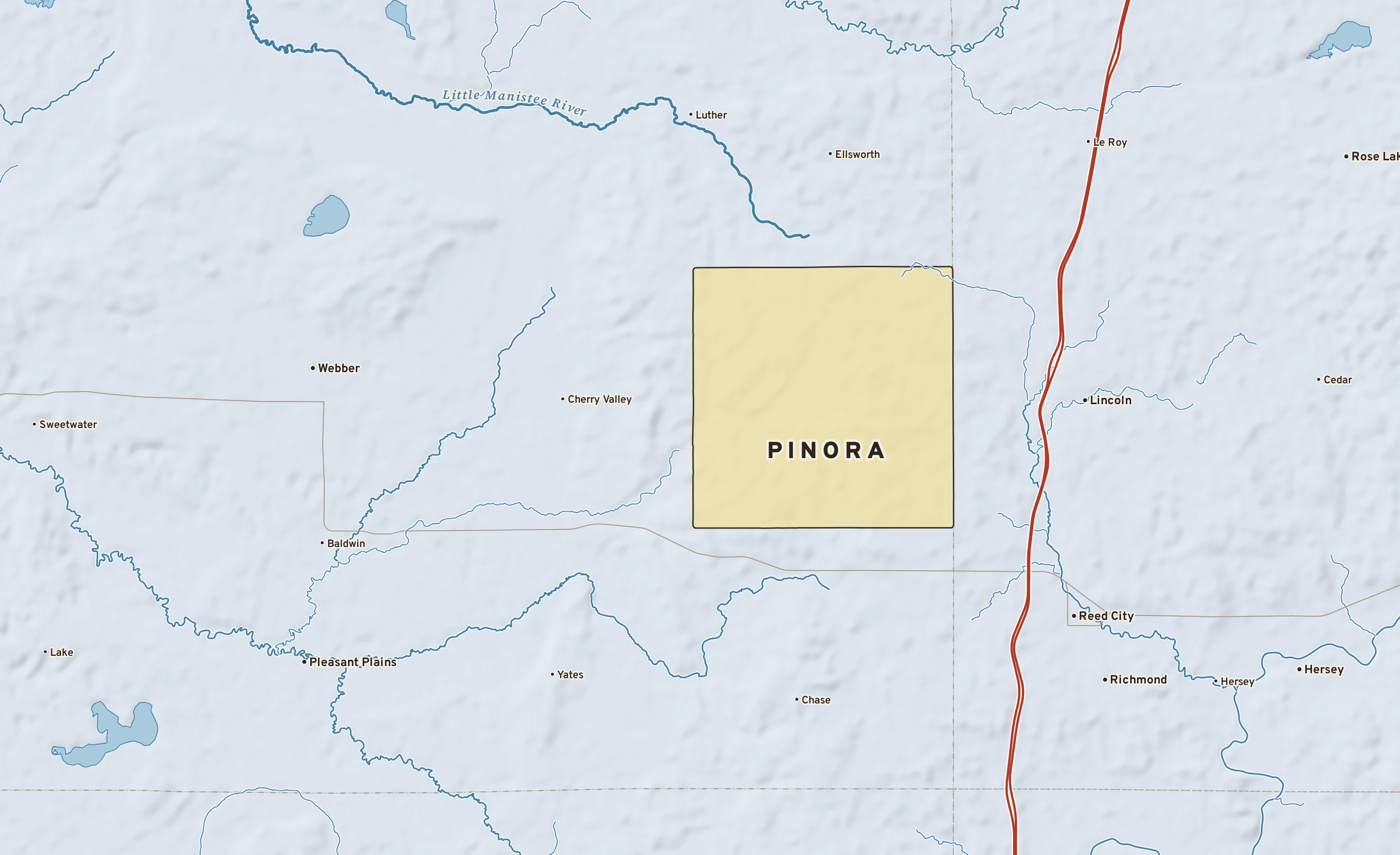 Shaded-relief atlas plate of Pinora, Michigan: rivers, roads, the city limits and where the water drains.
