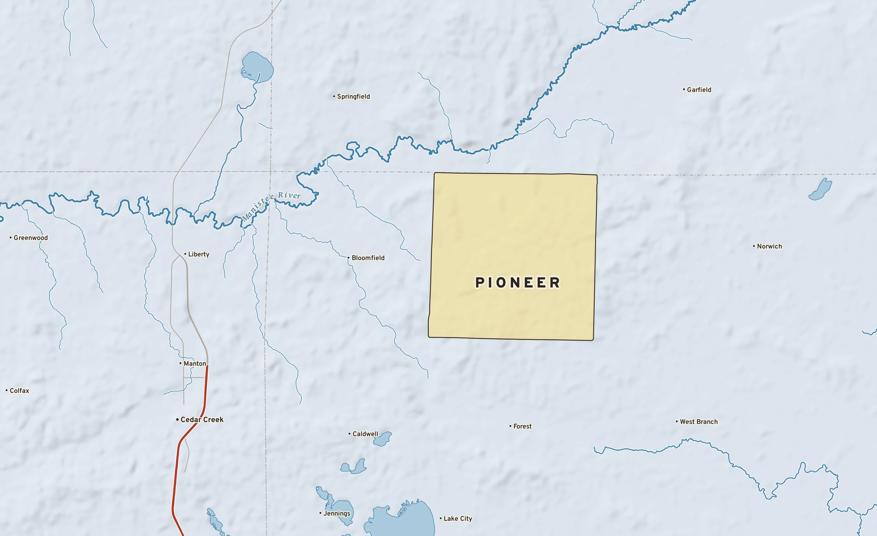 Shaded-relief atlas plate of Pioneer, Michigan: rivers, roads, the city limits and where the water drains.