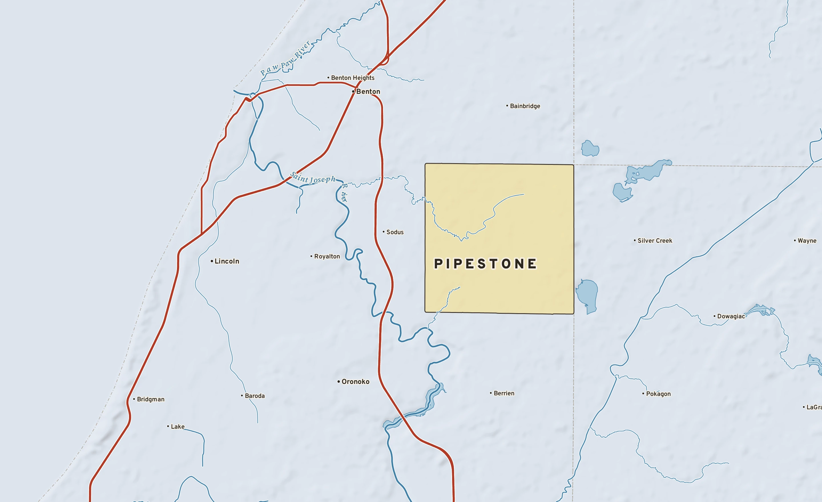 Shaded-relief atlas plate of Pipestone, Michigan: rivers, roads, the city limits and where the water drains.