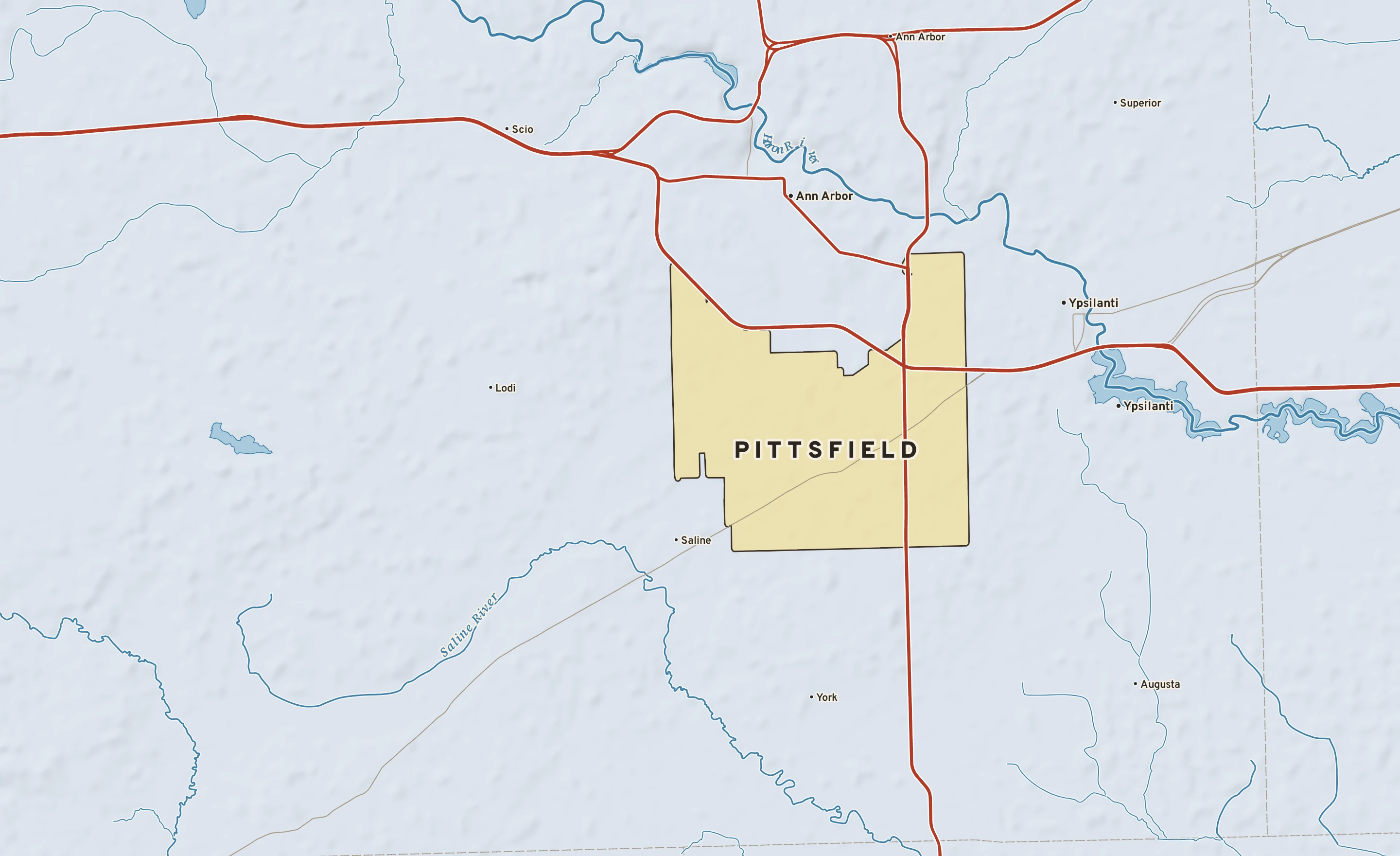 Shaded-relief atlas plate of Pittsfield, Michigan: rivers, roads, the city limits and where the water drains.