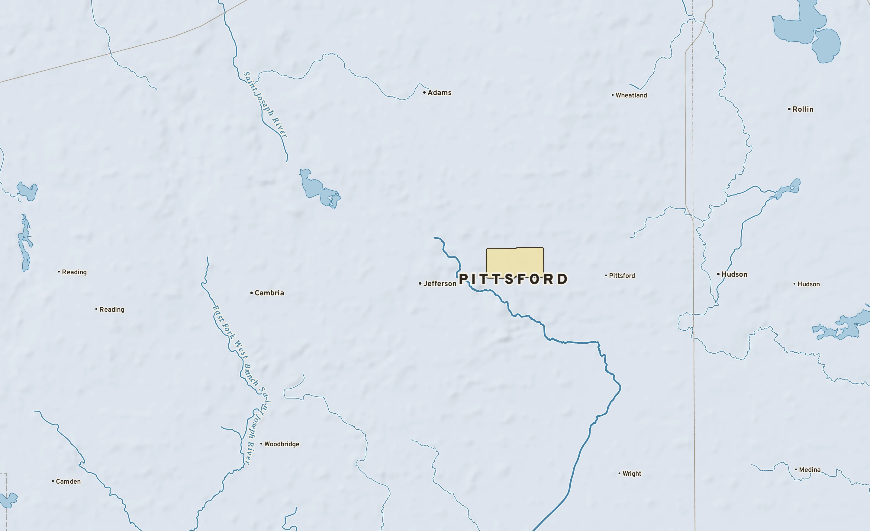 Shaded-relief atlas plate of Pittsford, Michigan: rivers, roads, the city limits and where the water drains.