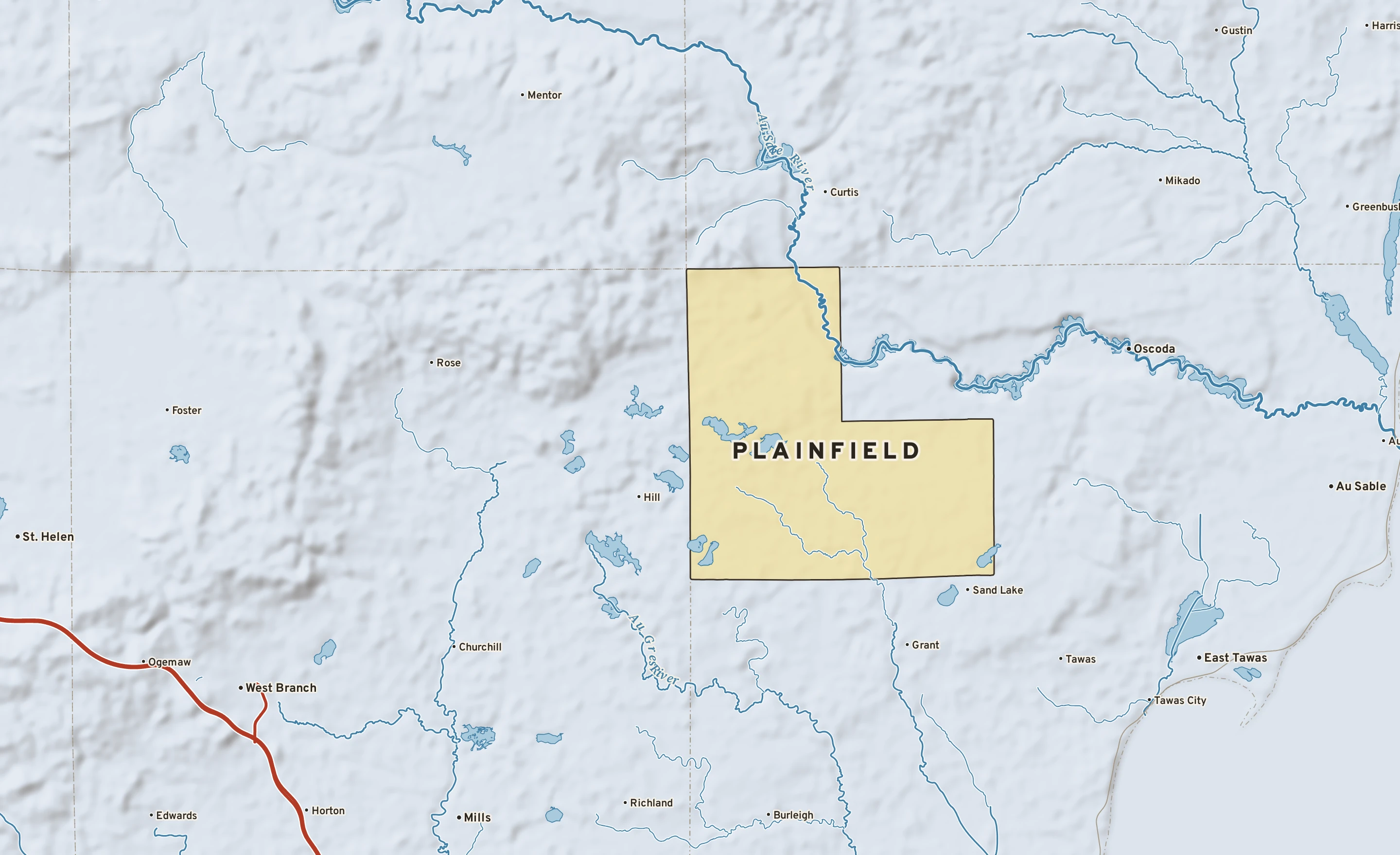 Shaded-relief atlas plate of Plainfield, Michigan: rivers, roads, the city limits and where the water drains.