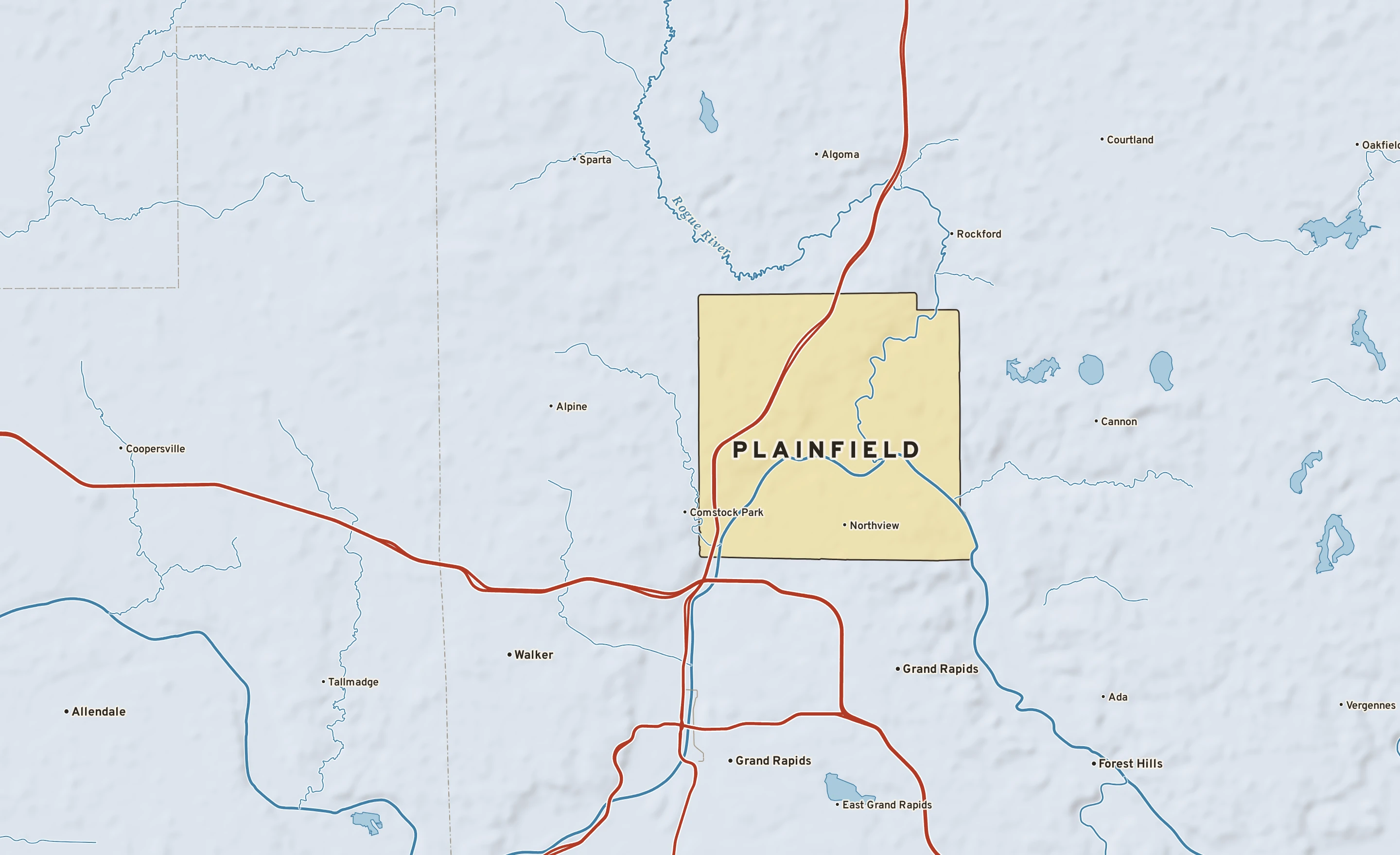 Shaded-relief atlas plate of Plainfield, Michigan: rivers, roads, the city limits and where the water drains.