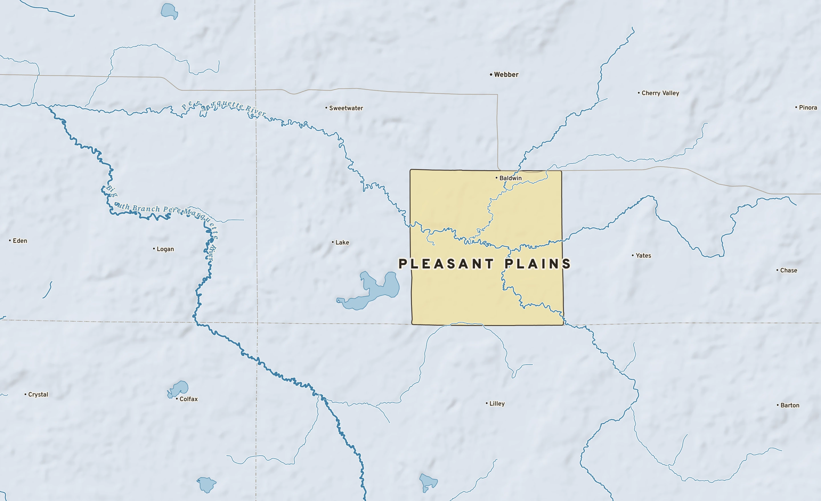 Shaded-relief atlas plate of Pleasant Plains, Michigan: rivers, roads, the city limits and where the water drains.