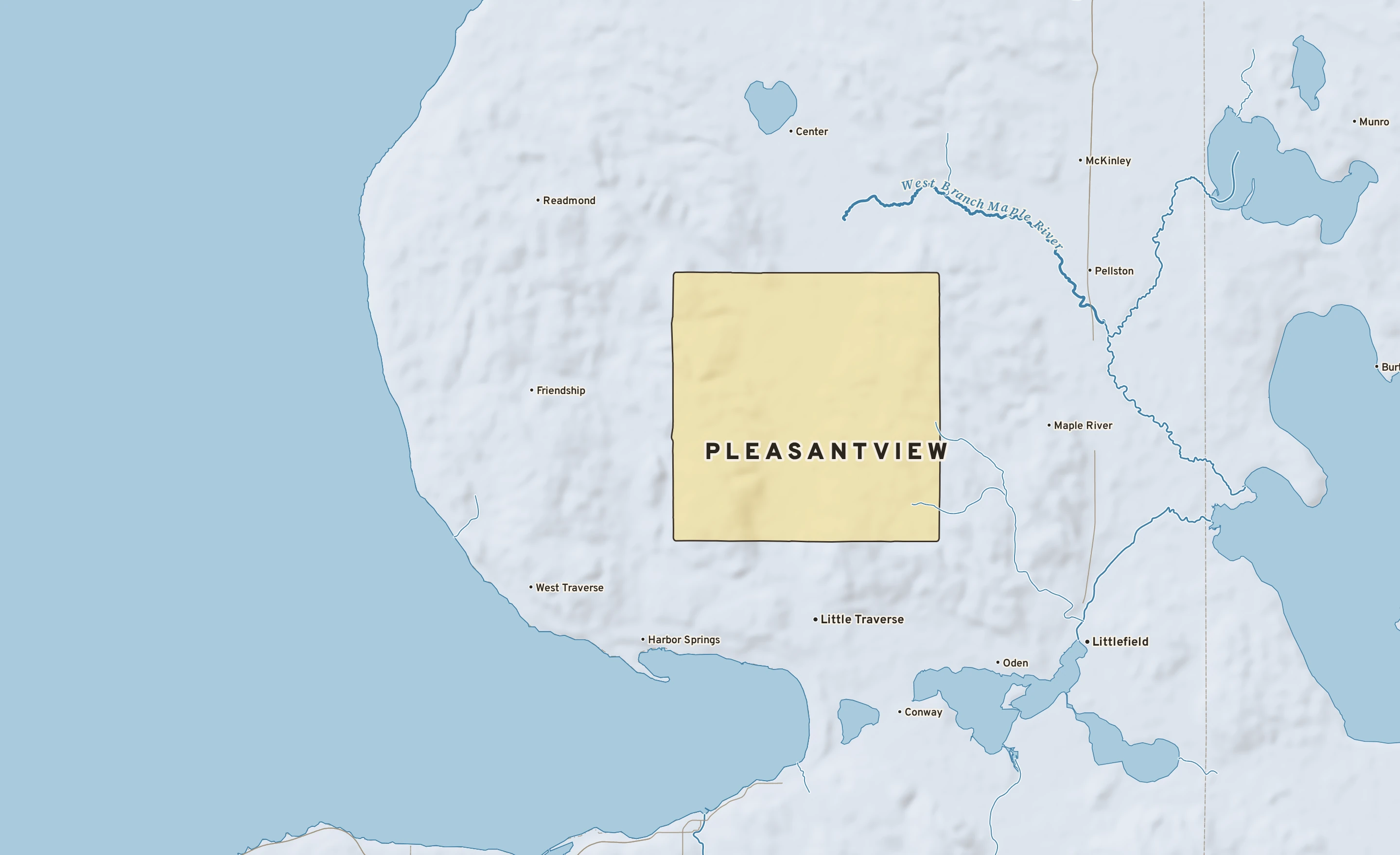 Shaded-relief atlas plate of Pleasantview, Michigan: rivers, roads, the city limits and where the water drains.